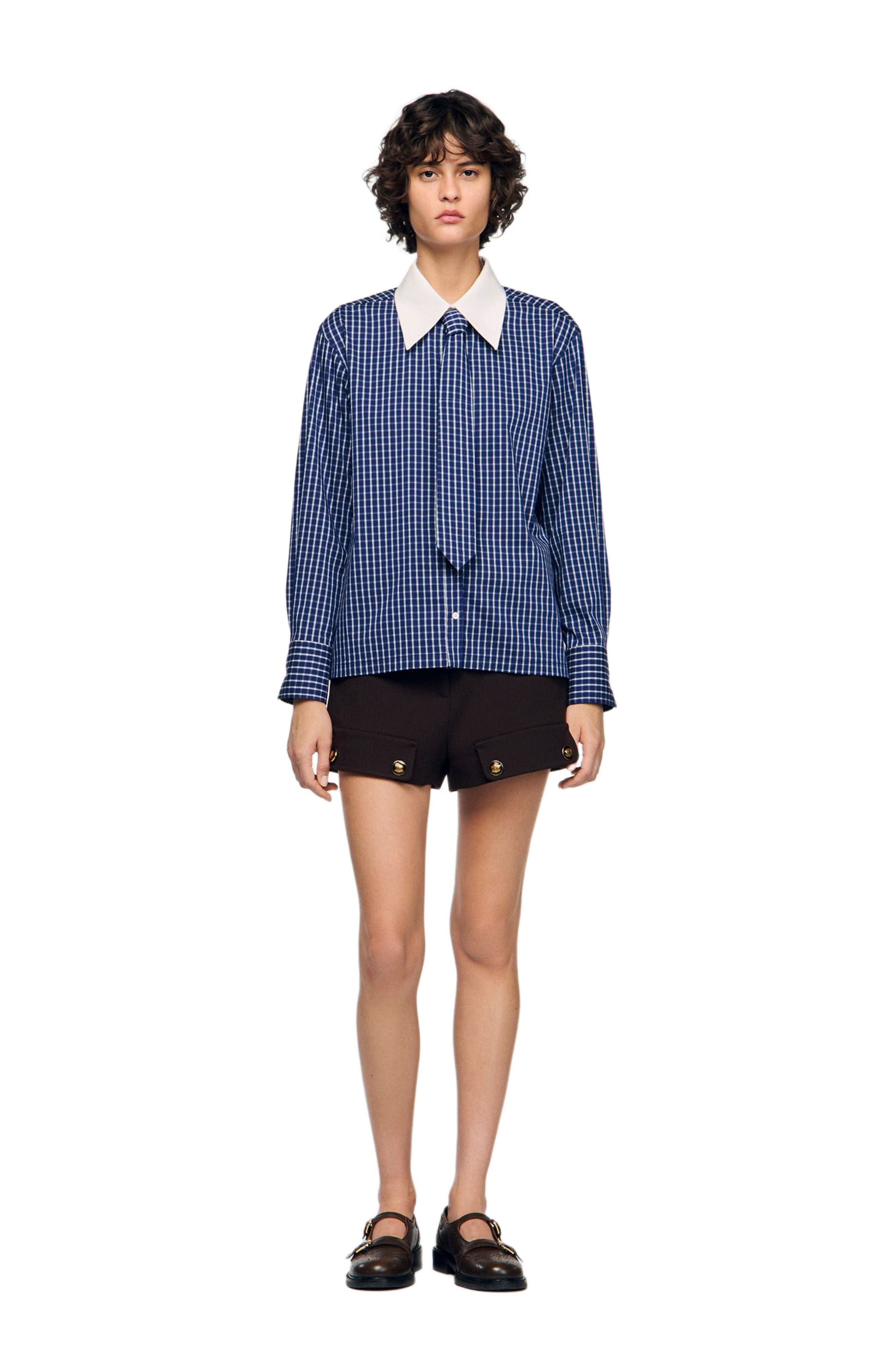 SANDRO Check shirt with tie in Blue /Black at Nordstrom - 3