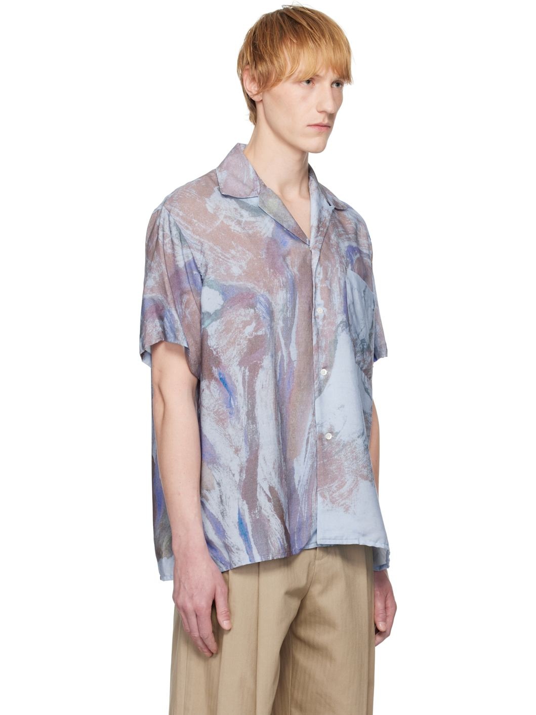 Blue Flower Printed Open Collar Shirt - 2