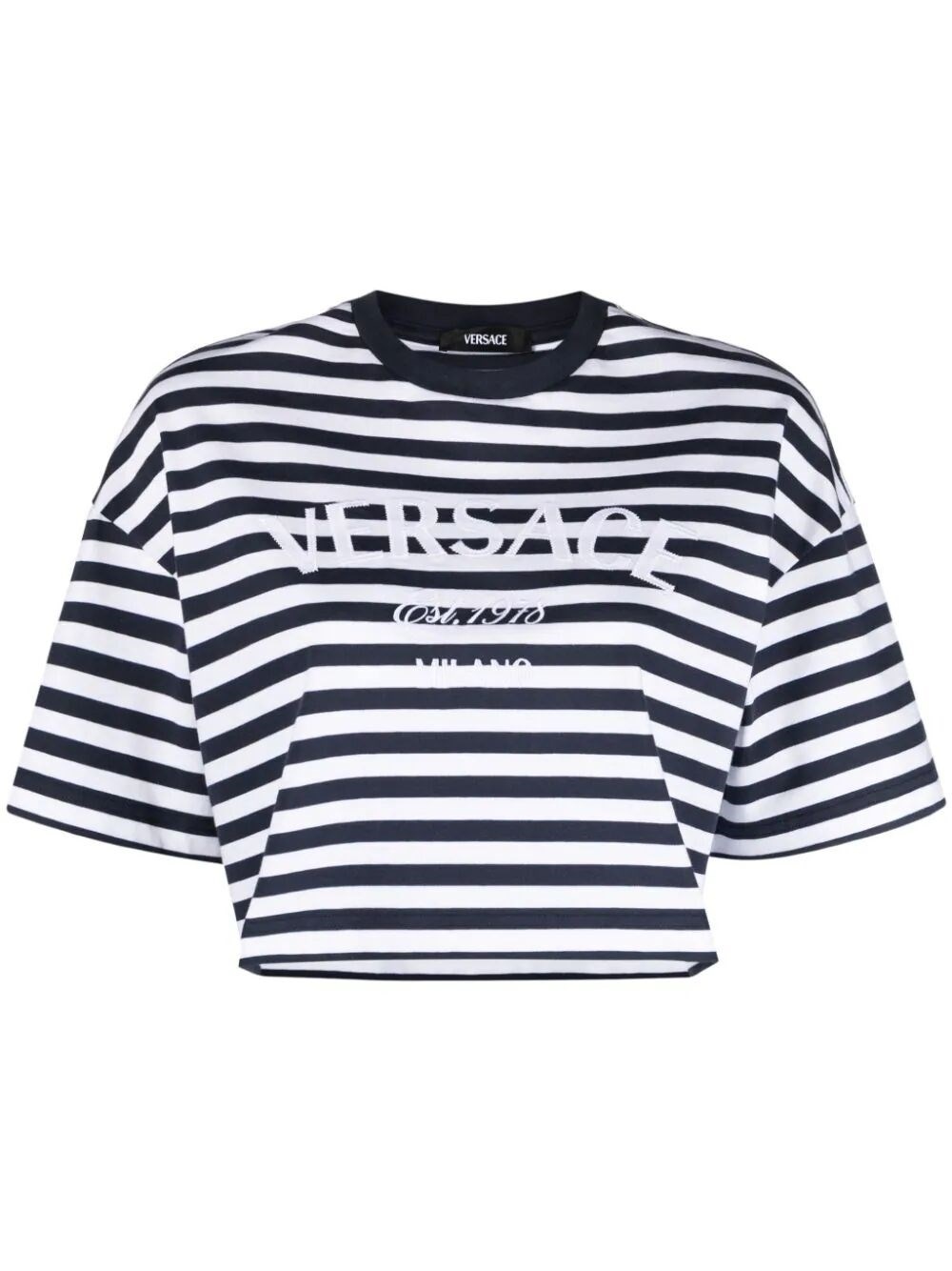 Nautical Stripes And Logo `Still Versace` Cropped T-Shirt - 1