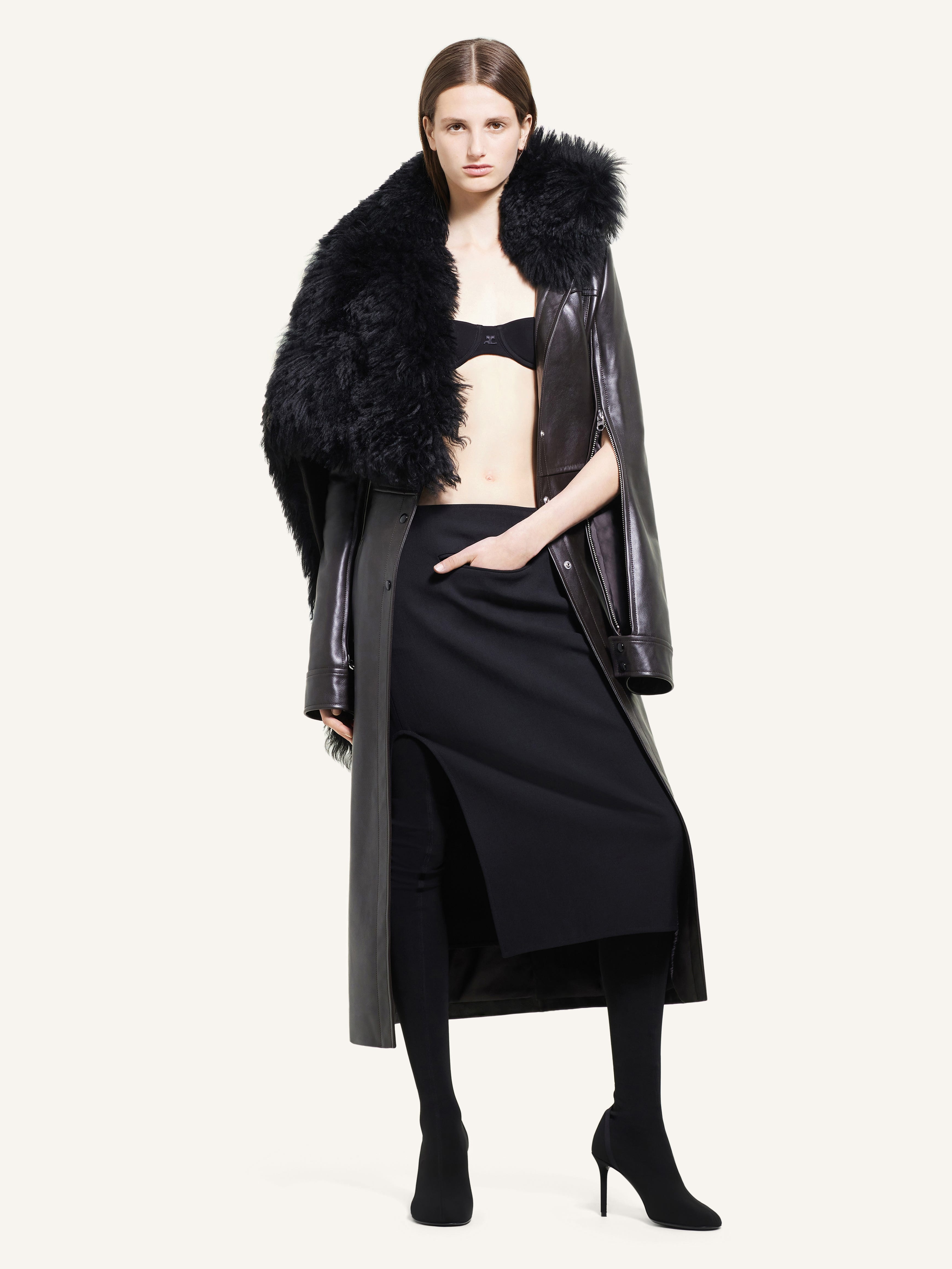 LONG LEATHER SHEARLING COLLAR COAT - 2