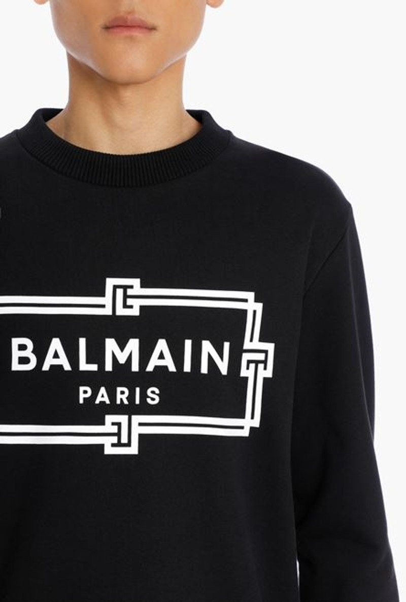 Black and white cotton sweatshirt with flocked white Balmain logo 6