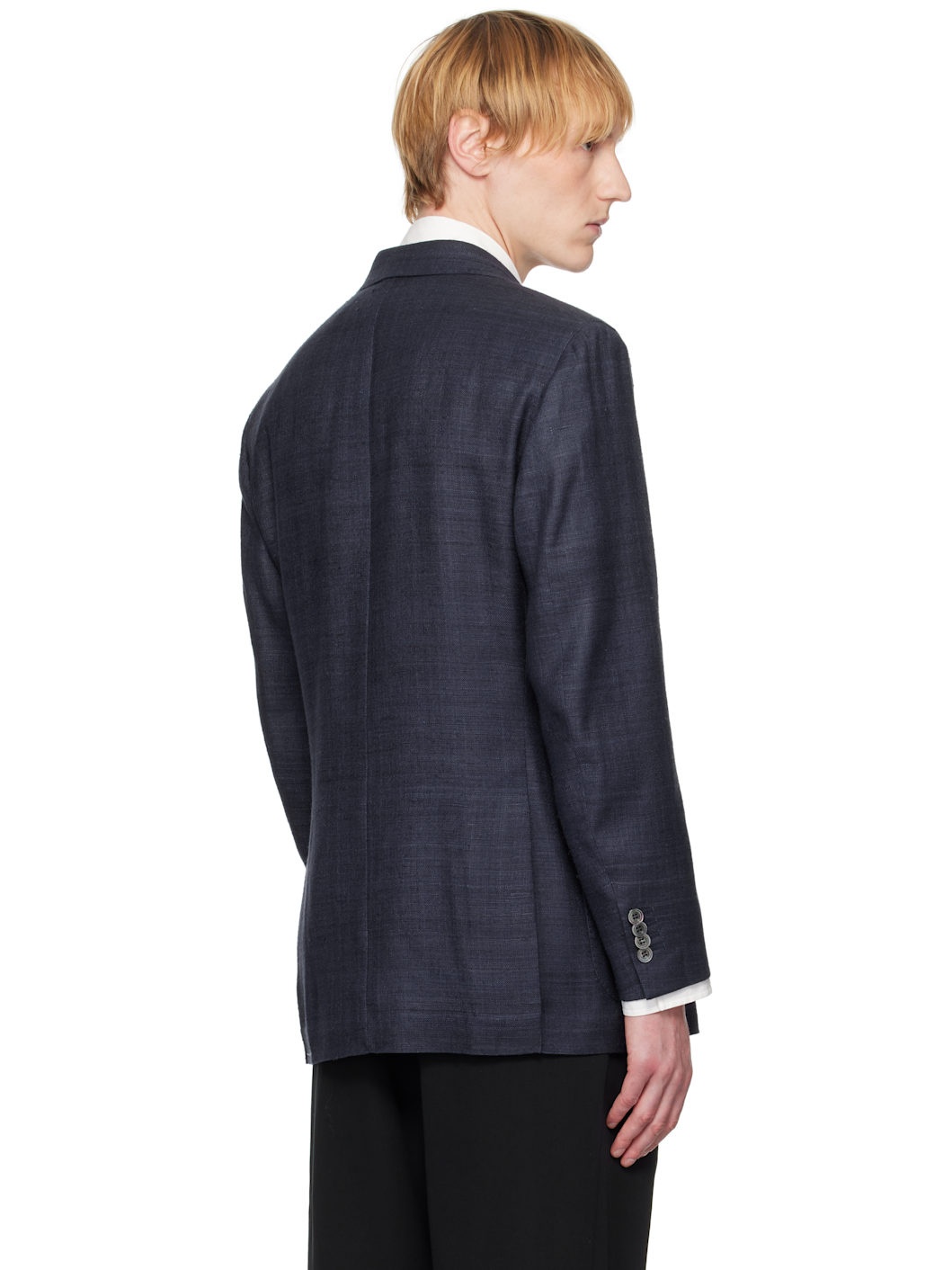 Navy Tussah Silk Double-Breasted Tailored Blazer - 3