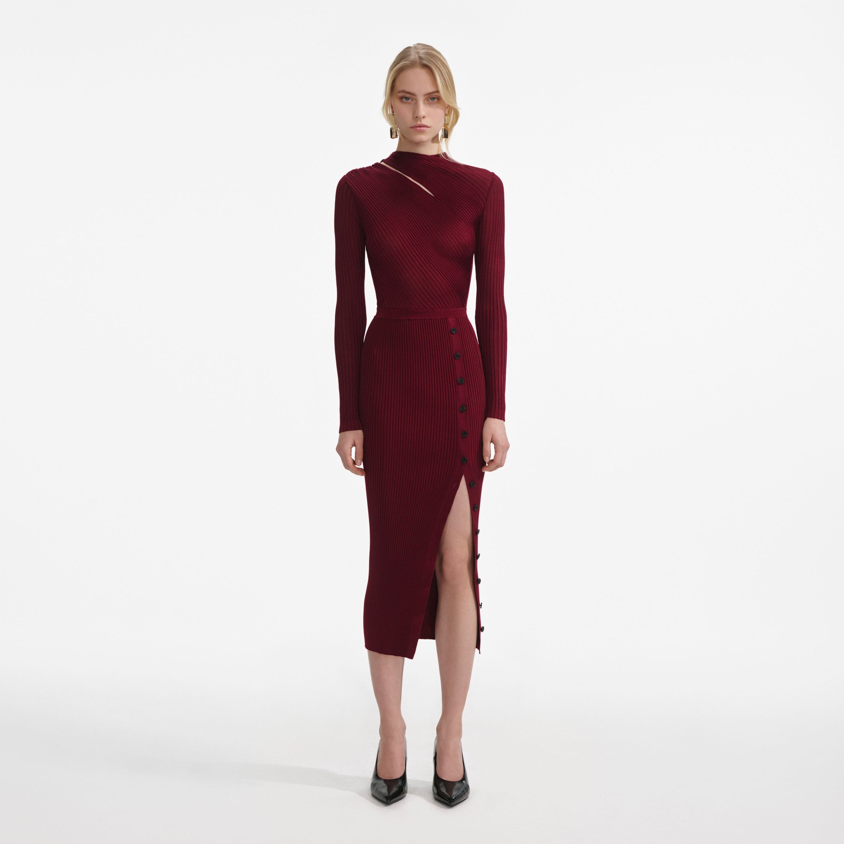 Burgundy Cut Out Rib Knit Midi Dress - 4