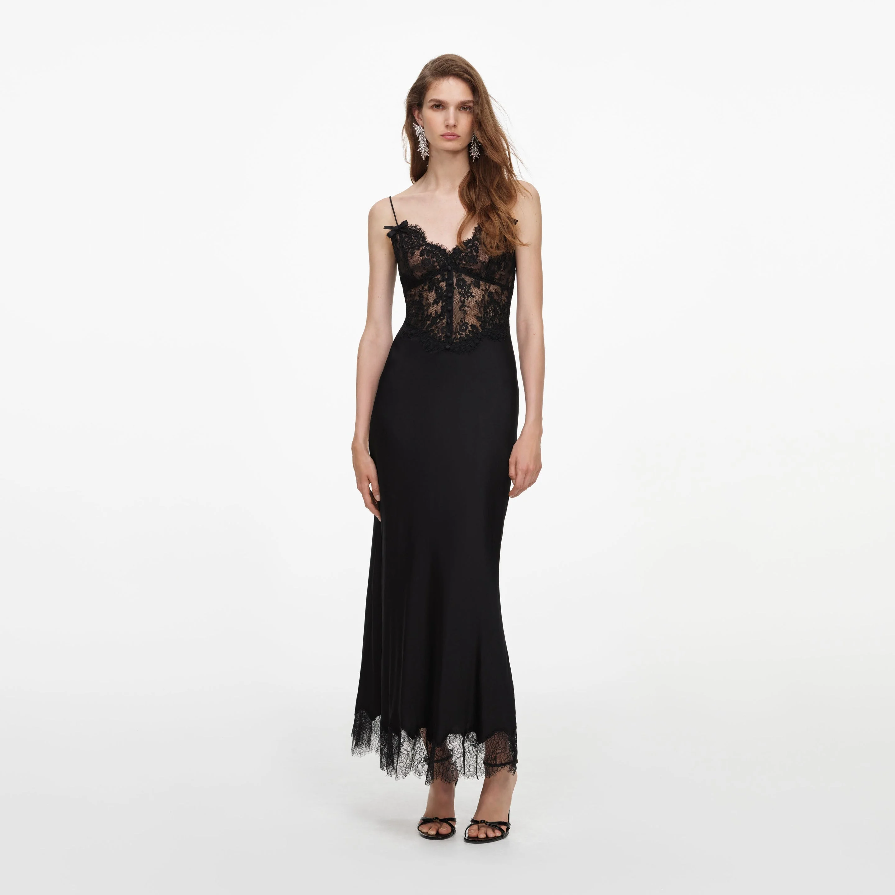 Black Satin Lace Midi Dress - 1