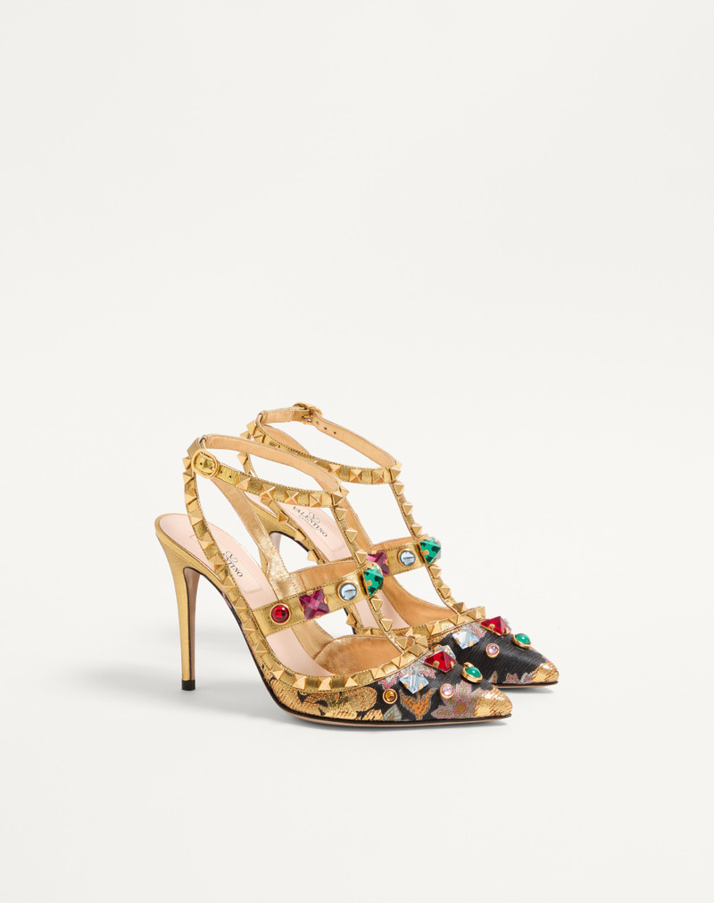 ROCKSTUD PUMPS WITH STRAPS IN JACQUARD APRES L'HIVER FABRIC WITH CRYSTALS 100MM 3