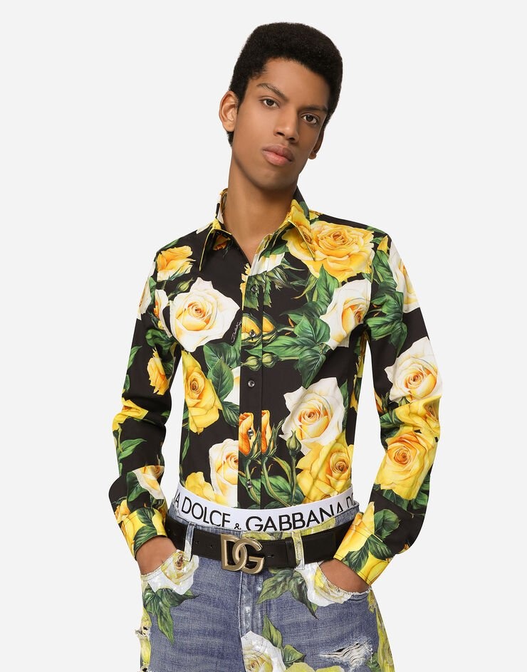 Stretch cotton Sicilia-fit shirt with rose print - 1
