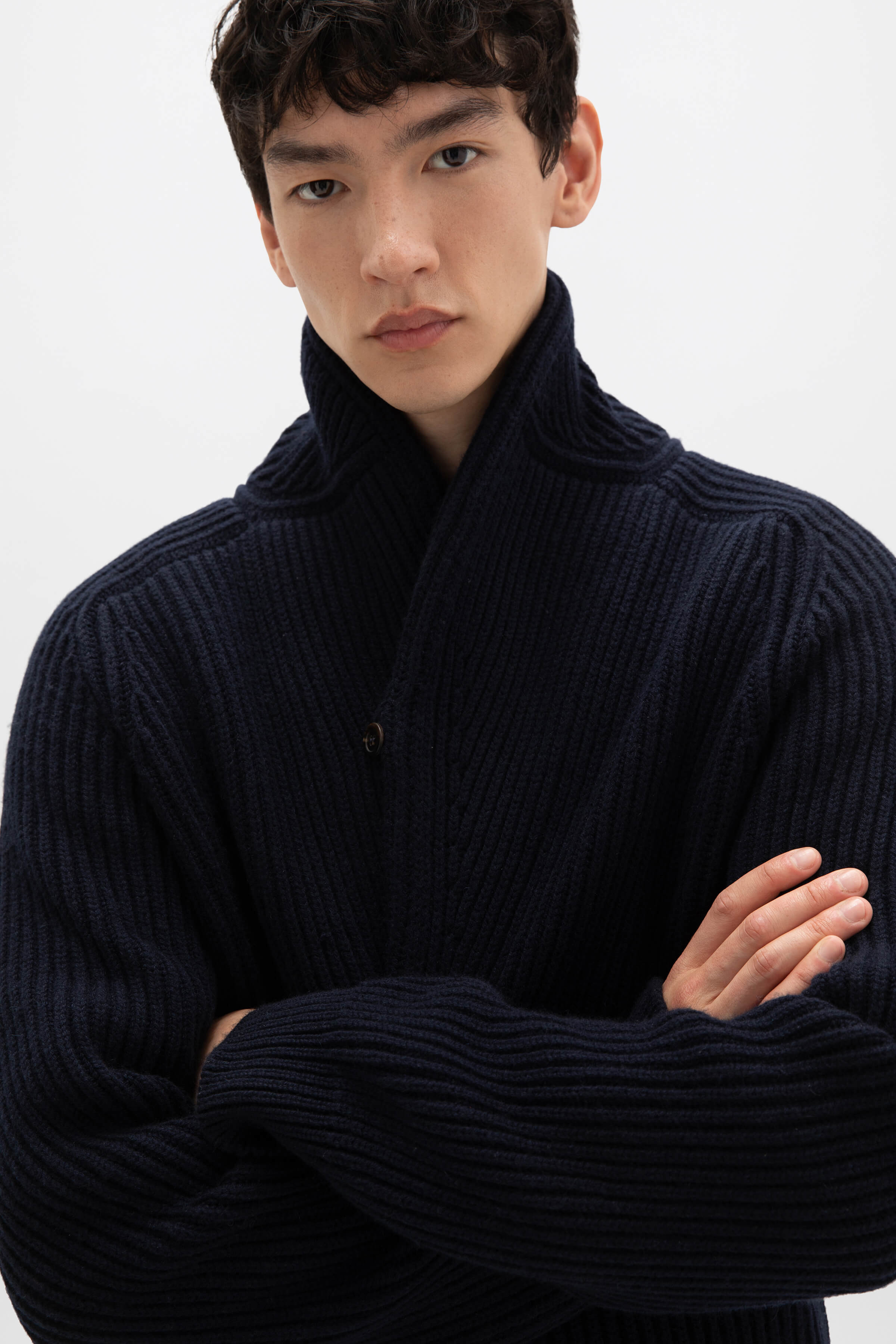 Shawl Collar Navy Cashmere Cardigan - 4