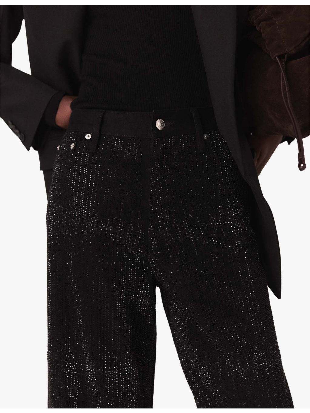 Rhinestone Wide-Leg Mid-Rise Stretch-Denim Jeans - 5