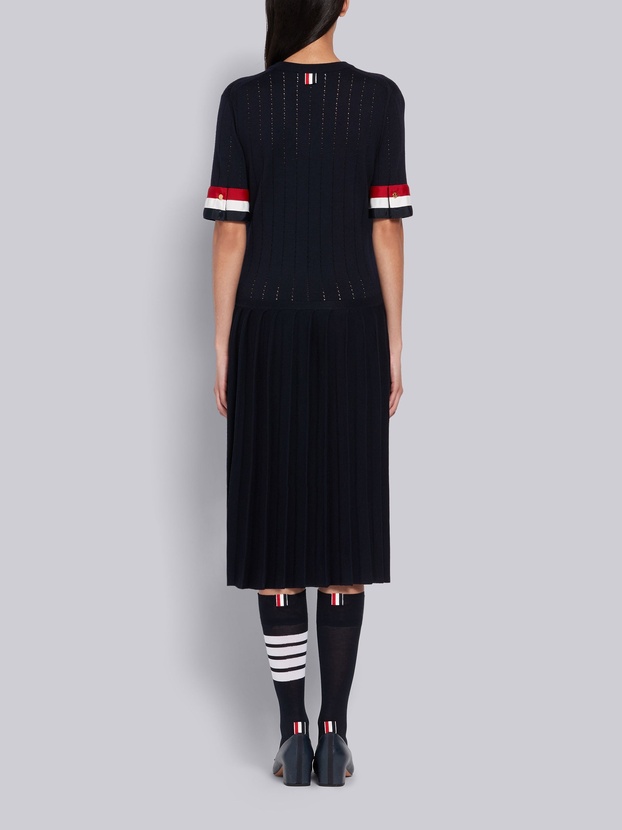 Navy Merino Wool RWB Cuff V-Neck Pleated Dress - 3