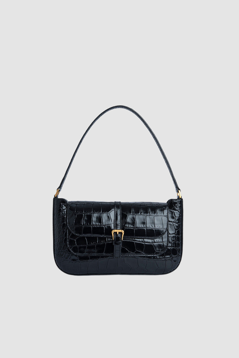 Miranda Black Croco Embossed Leather Shoulder Bag 1