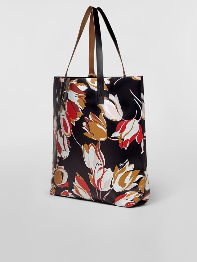 BLACK WINDBLOWN PRINT PVC SHOPPING BAG WITH CALFSKIN HANDLES - 3