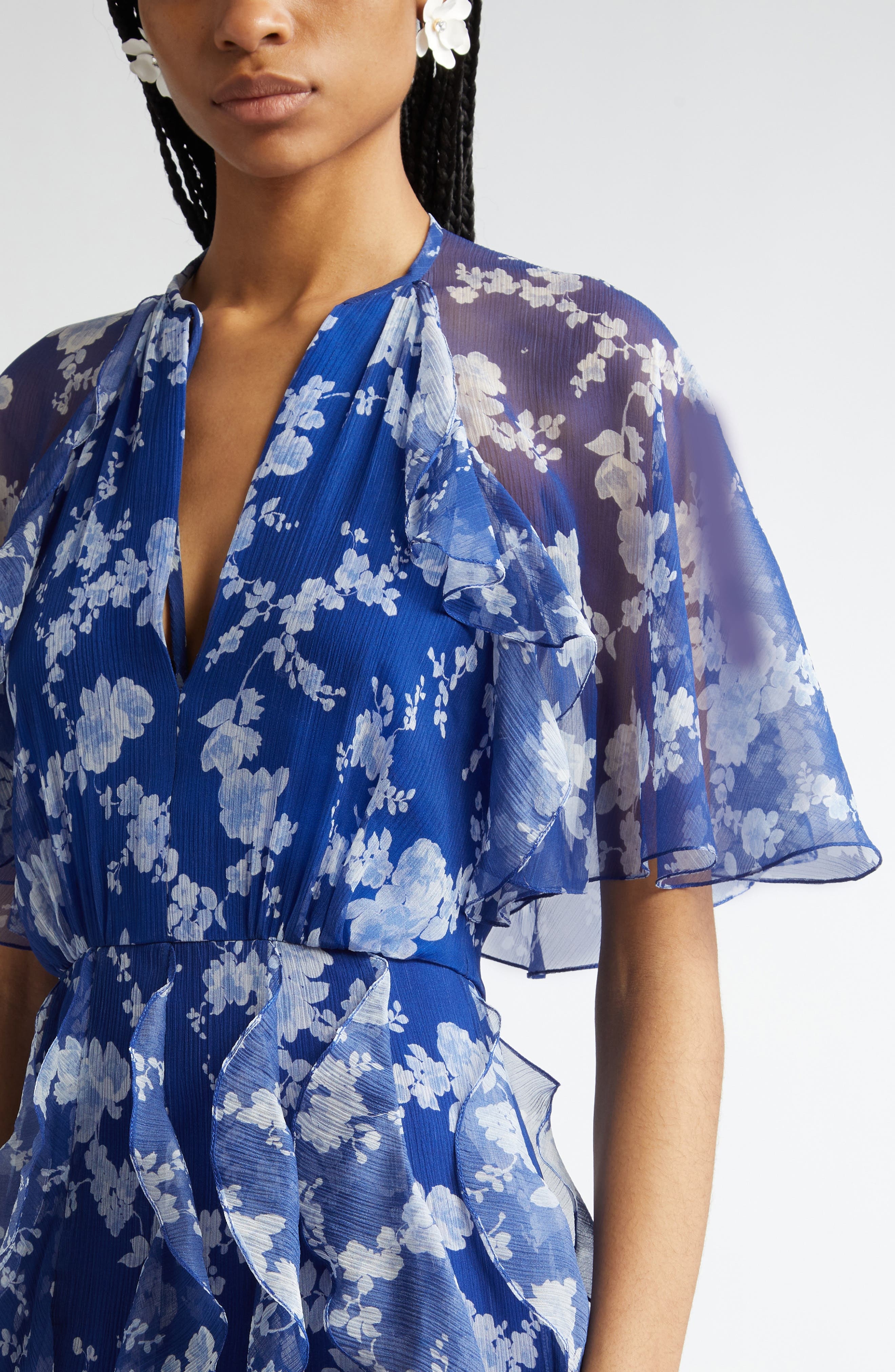 Carolina Herrera Floral Print Ruffle Silk Chiffon Midi Dress in Nautilus Multi at Nordstrom - 4