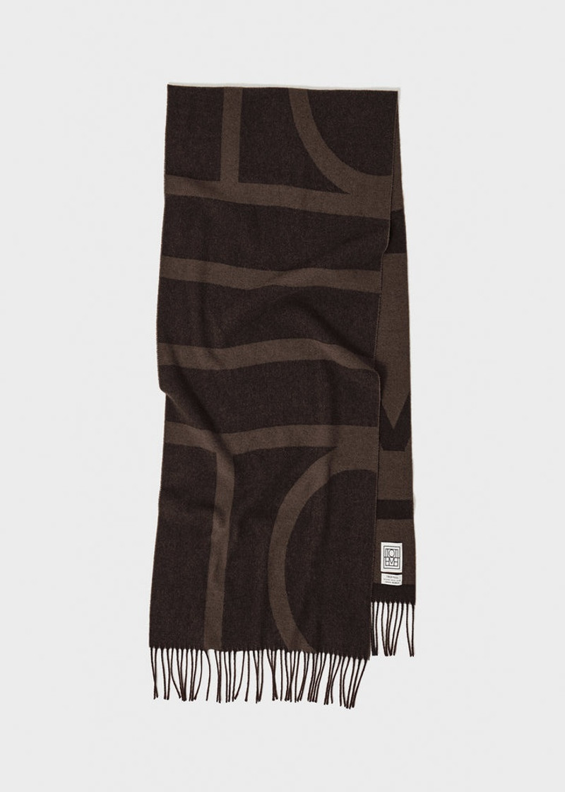 Monogram jacquard wool scarf dark brown 1