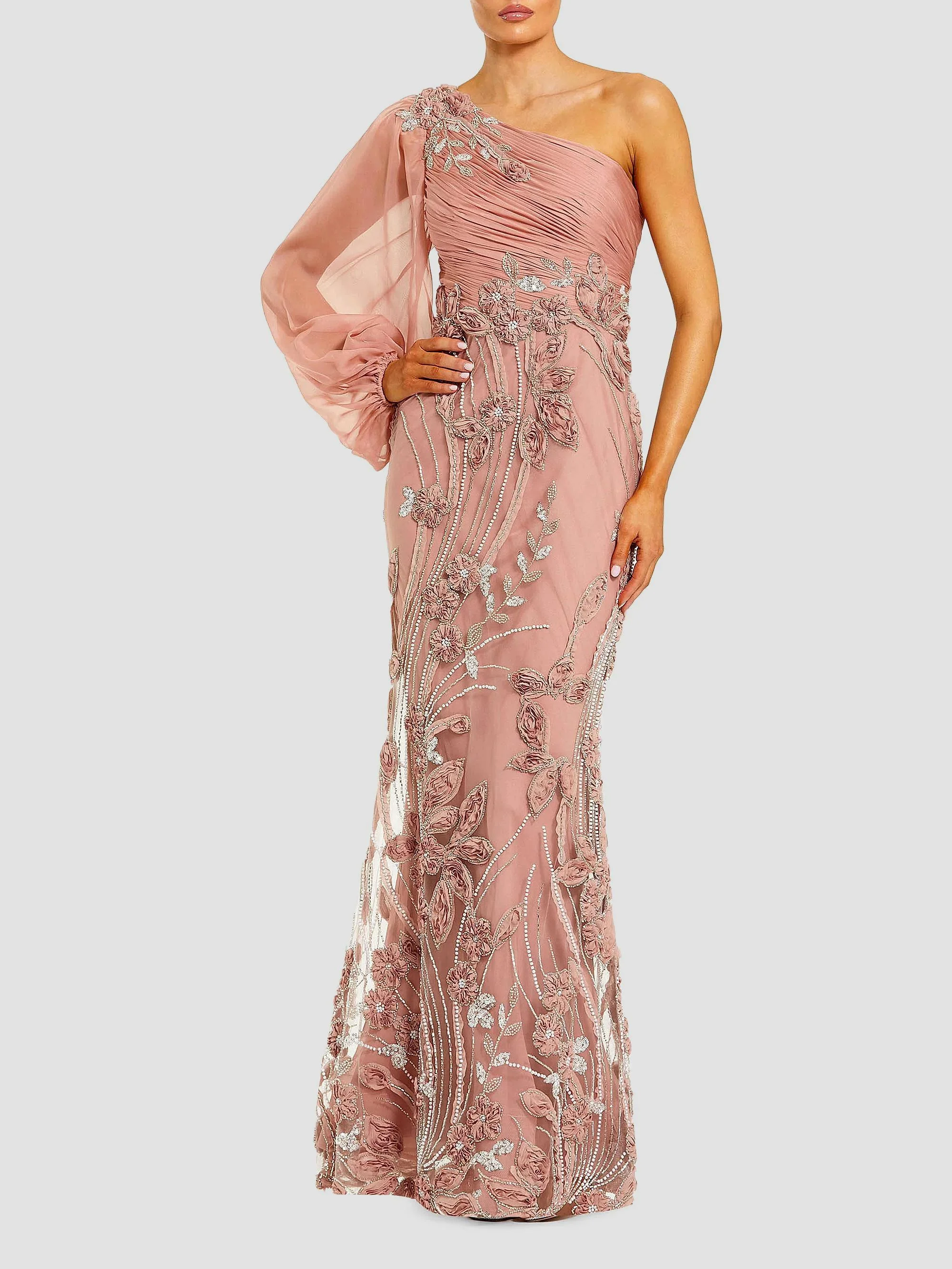 Women's One-Shoulder Embroidered Chiffon Trumpet Gown - Mocha - 1