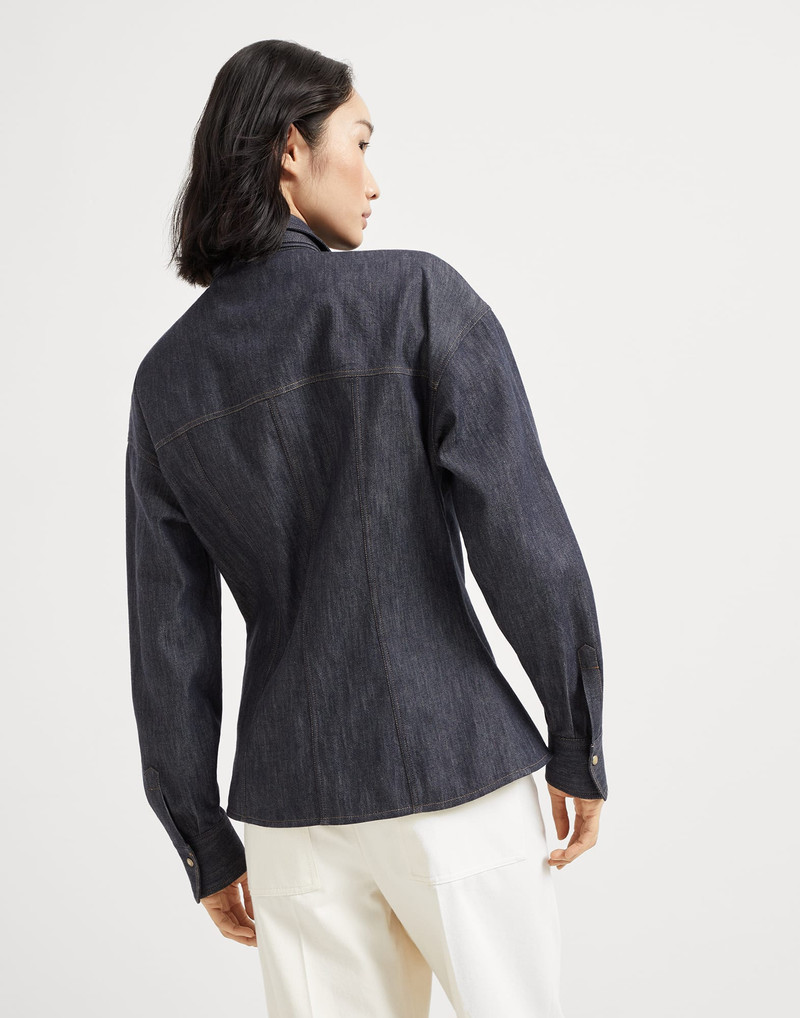 Brunello Cucinelli Lightweight no-fade denim pussybow shirt with shiny flap detail outlook