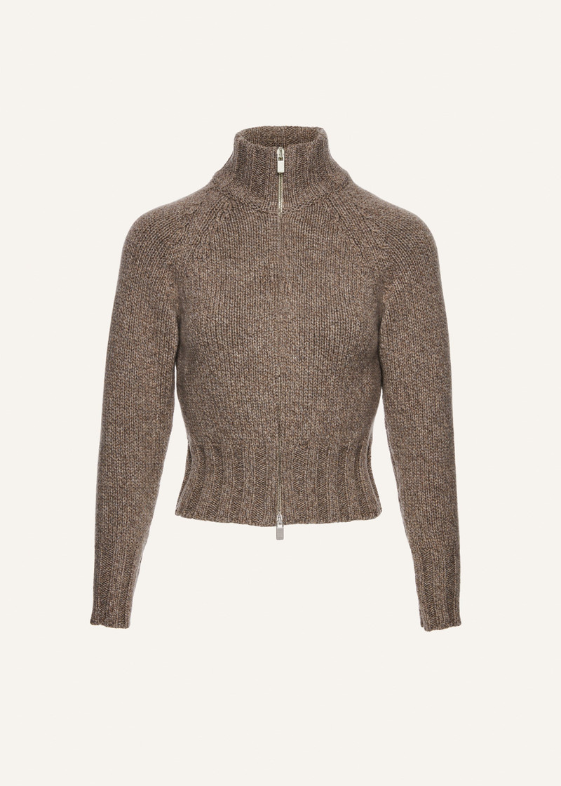 Marled zip up sweater in beige 1