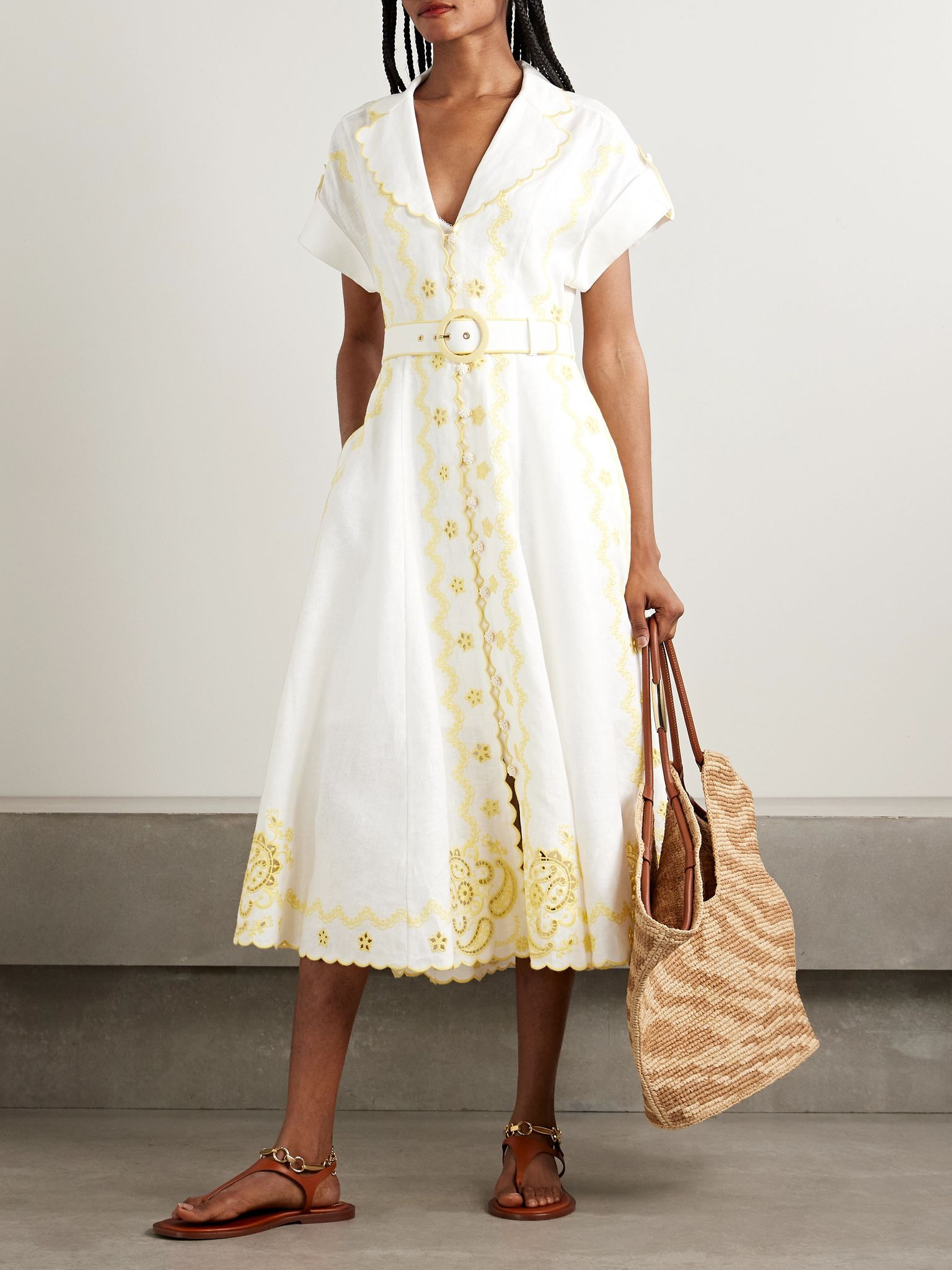 Lucky belted broderie anglaise linen midi shirt dress White - 2