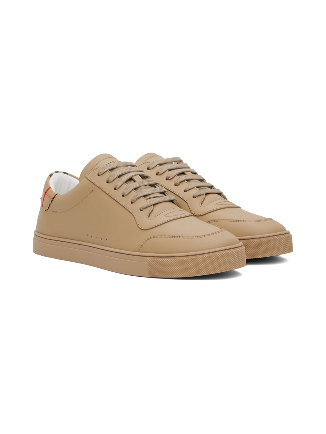 Beige Leather & Check Cotton Sneakers - 4