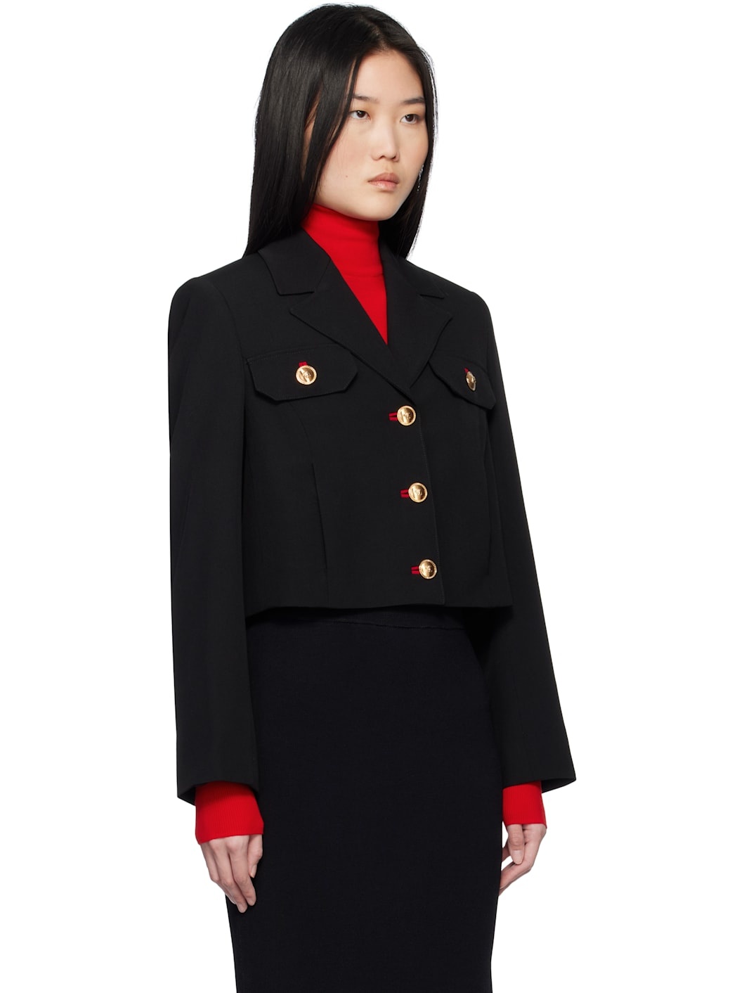 Black Wool Gabardine Uniform Crop Jacket - 2