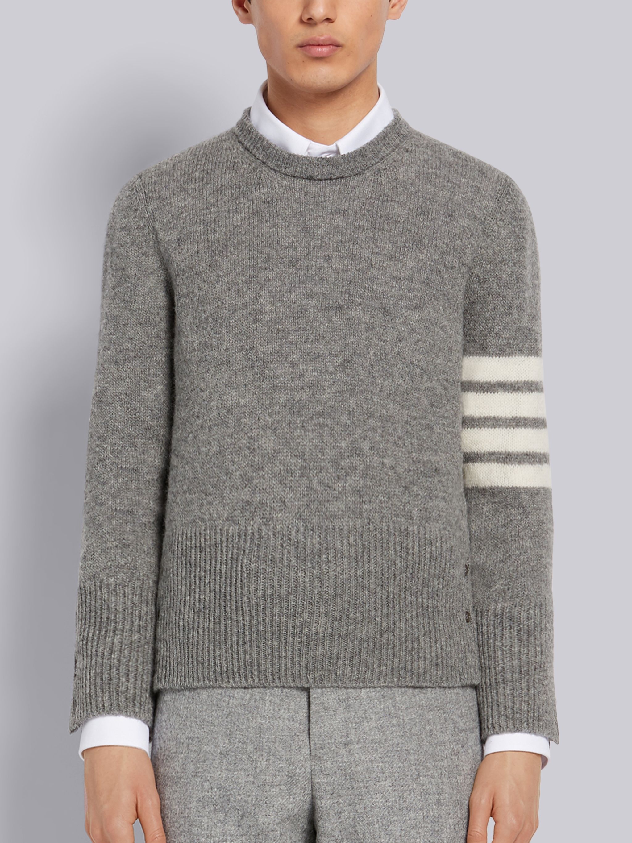 Light Grey Shetland Wool Jersey 4-Bar Classic Crew Neck Pullover - 1