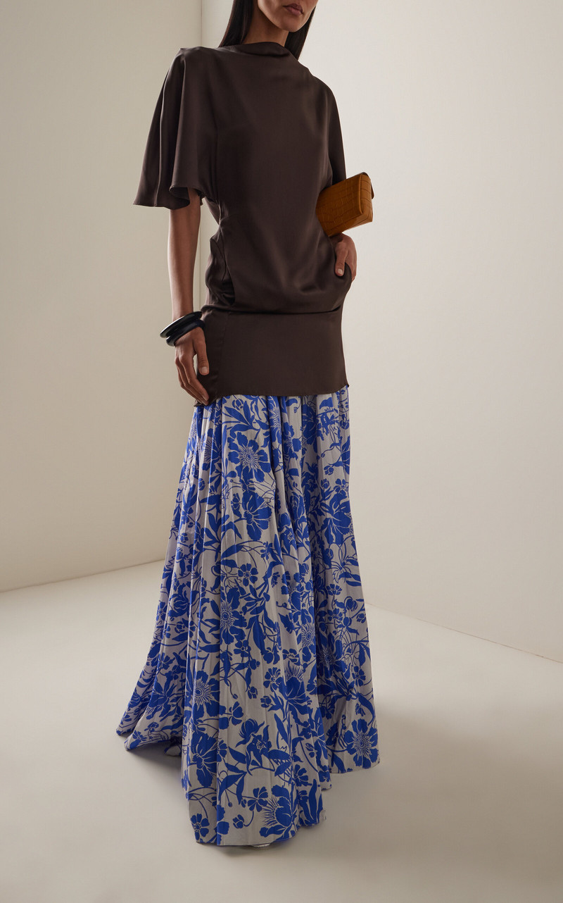 S.S.DALEY Kate Pleated Floral Crepe Maxi Skirt blue outlook