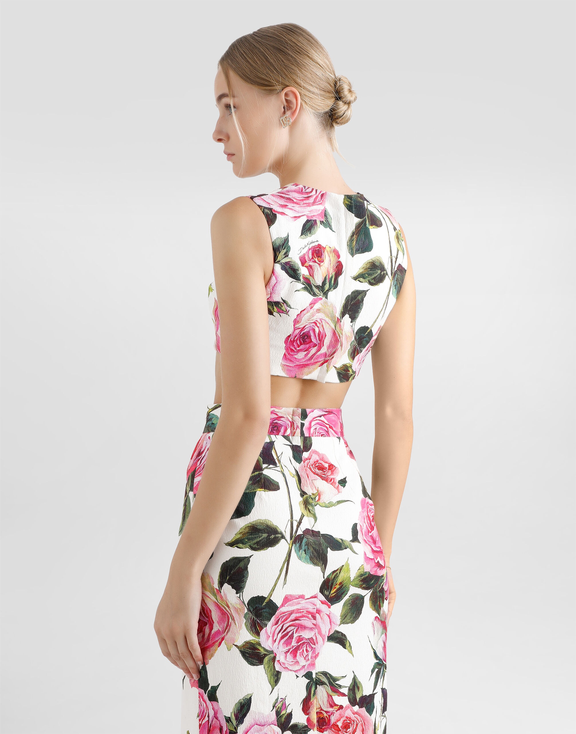 Cotton jacquard crop top with rose print - 5