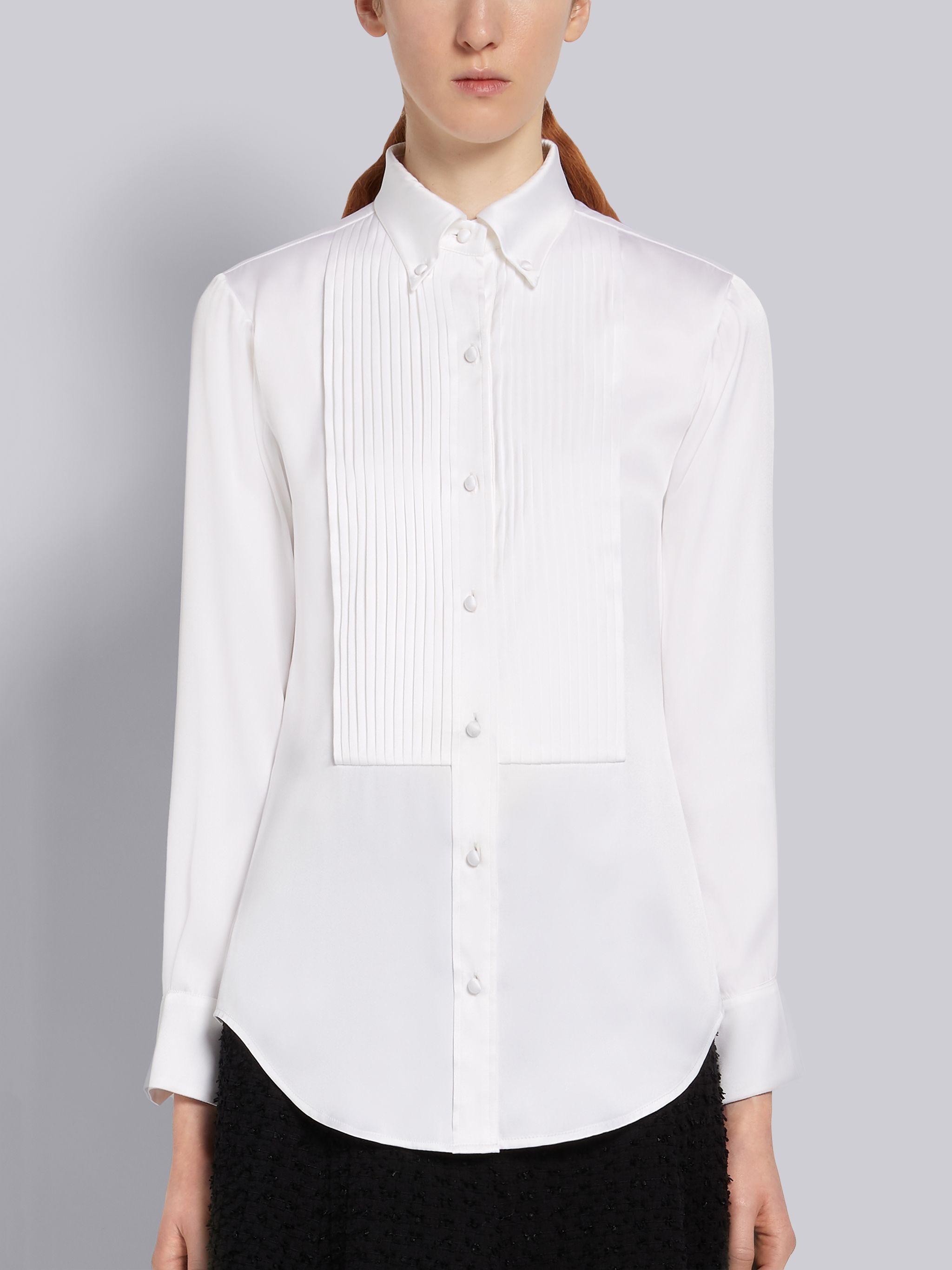 White Double Face Satin Silk Pleated Bib Long Sleeve Point Collar Shirt - 3