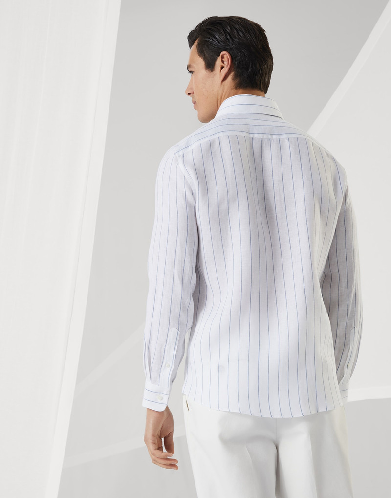 Brunello Cucinelli Chalk stripe linen easy fit shirt with spread collar outlook