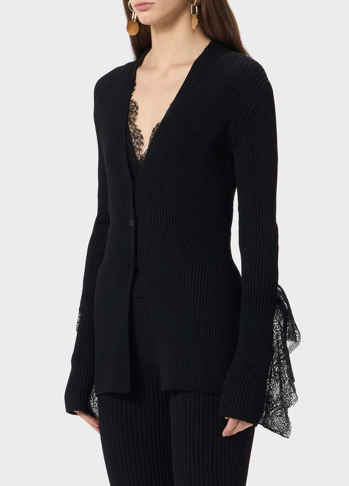 RIBBED CARDIGAN WITH LACE RUFFLES - 4
