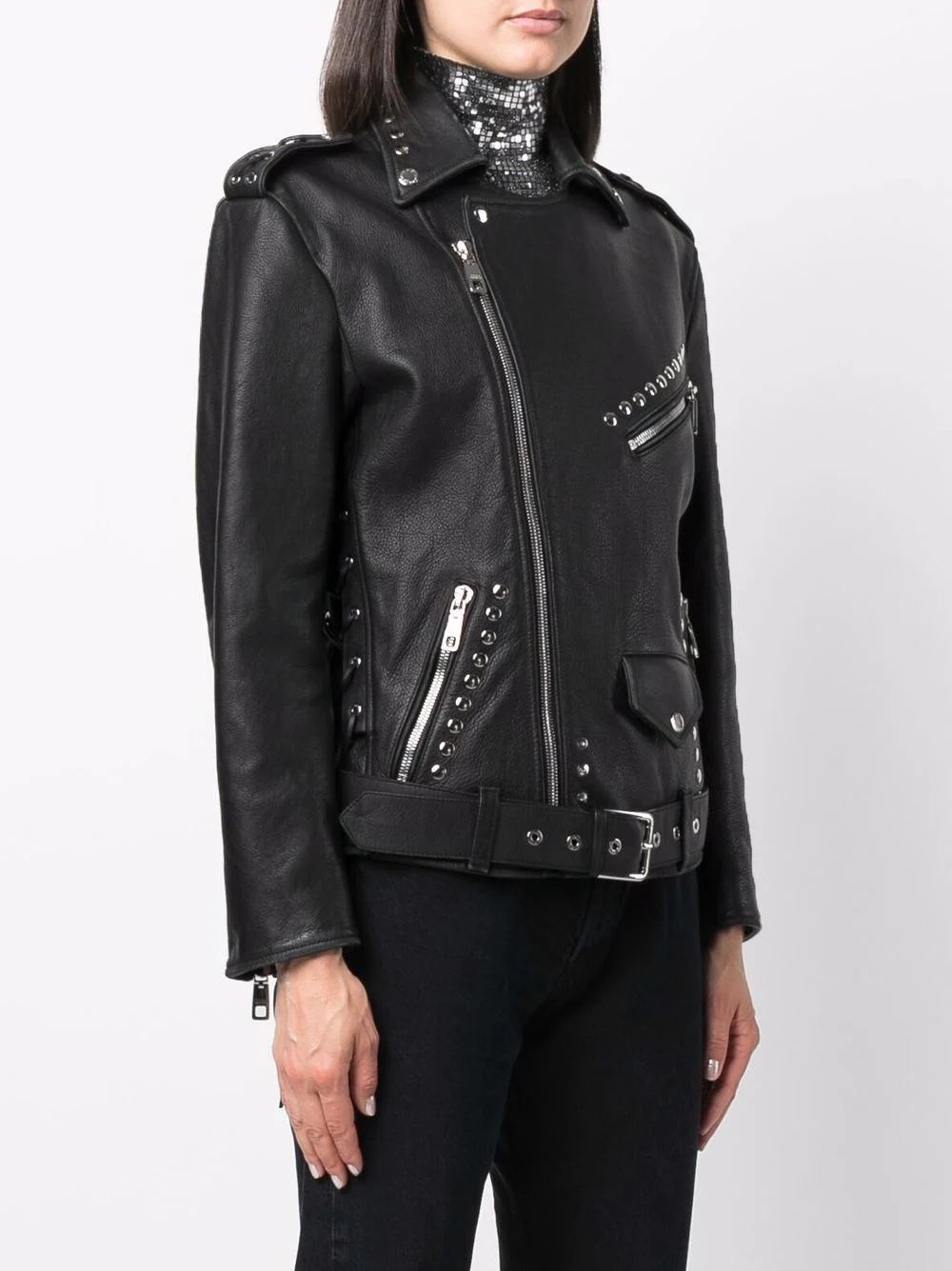 studded belted biker jacket - 3
