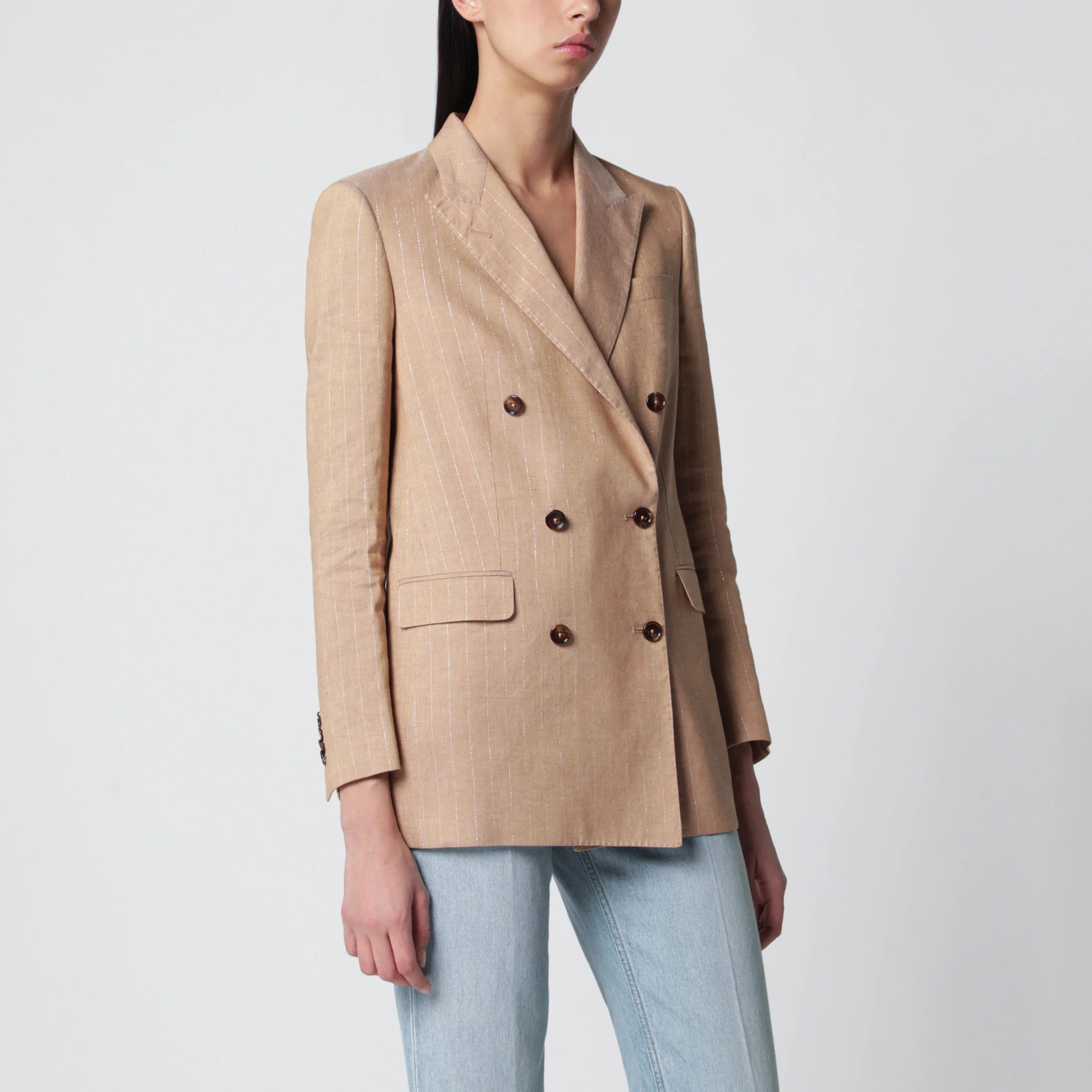 Tagliatore Beige Double-Breasted Pinstripe Linen-Blend Jacket Women - 1