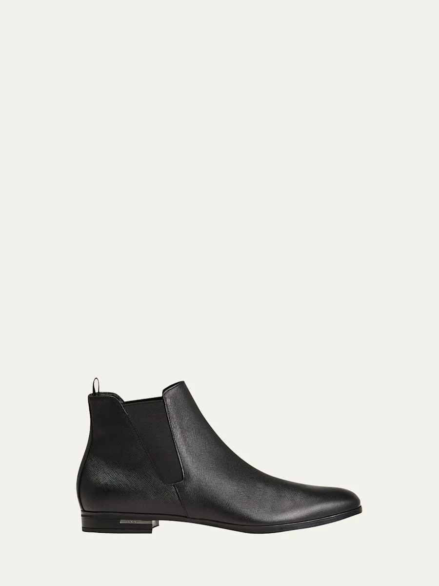 Saffiano Leather Chelsea Boots, Black - 1