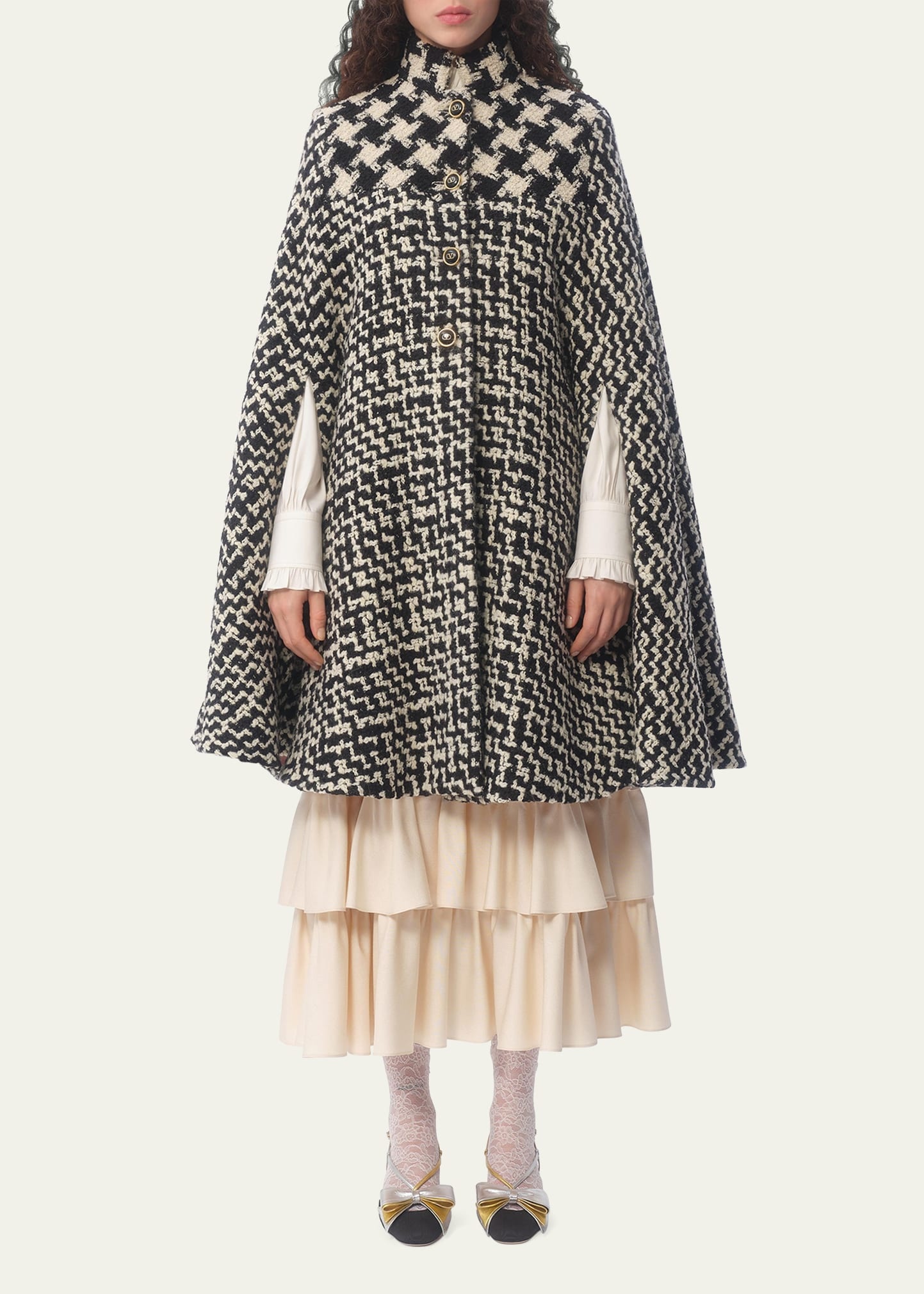 Tweed Houndstooth Wool Cape - 2