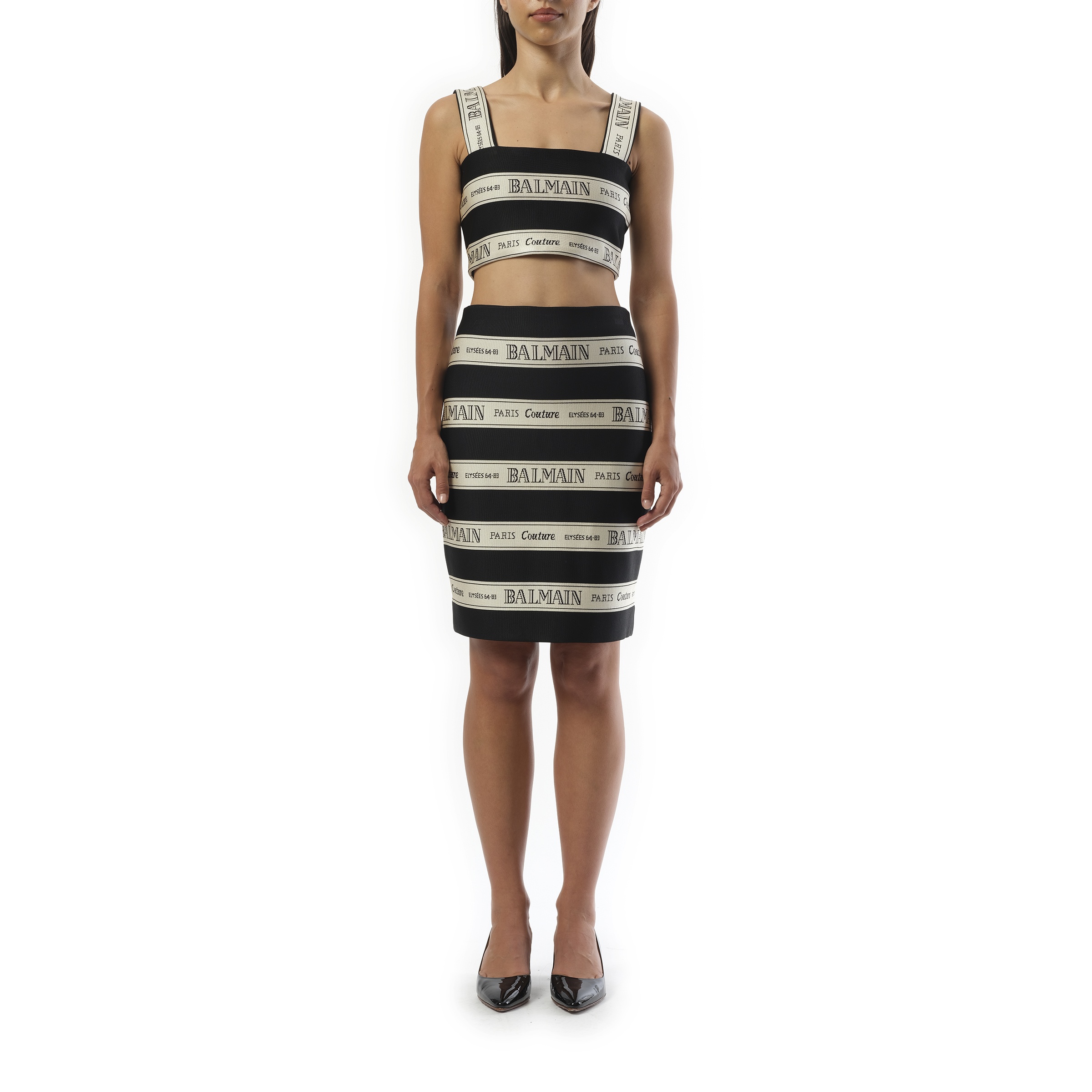 Striped Balmain Jacquard Short Skirt in Black/Beige - 4