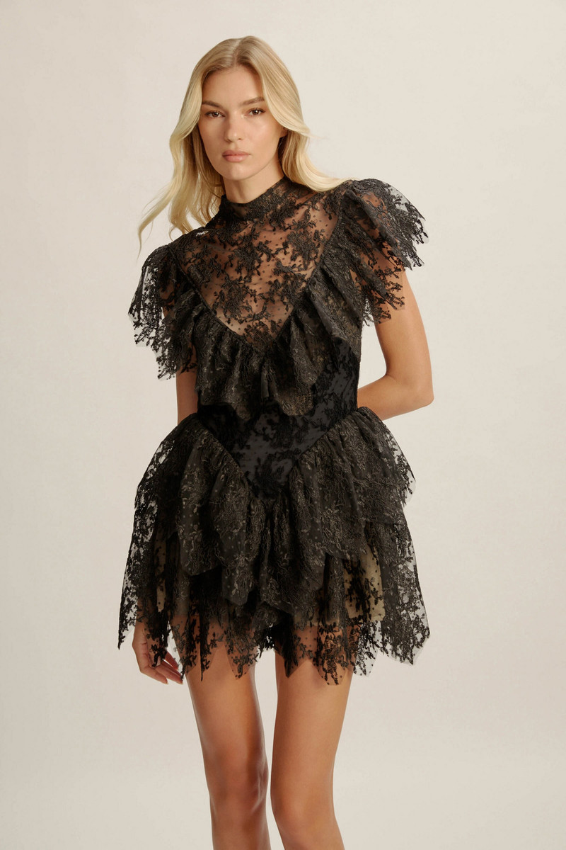 BARDOT Tarryn Ruffle Lace Mini Dress In Black outlook