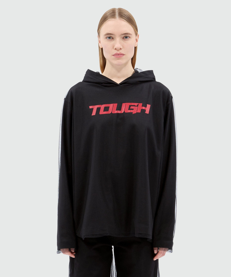 MSGM Black tulle mix hoodie with "TOUGH" print outlook
