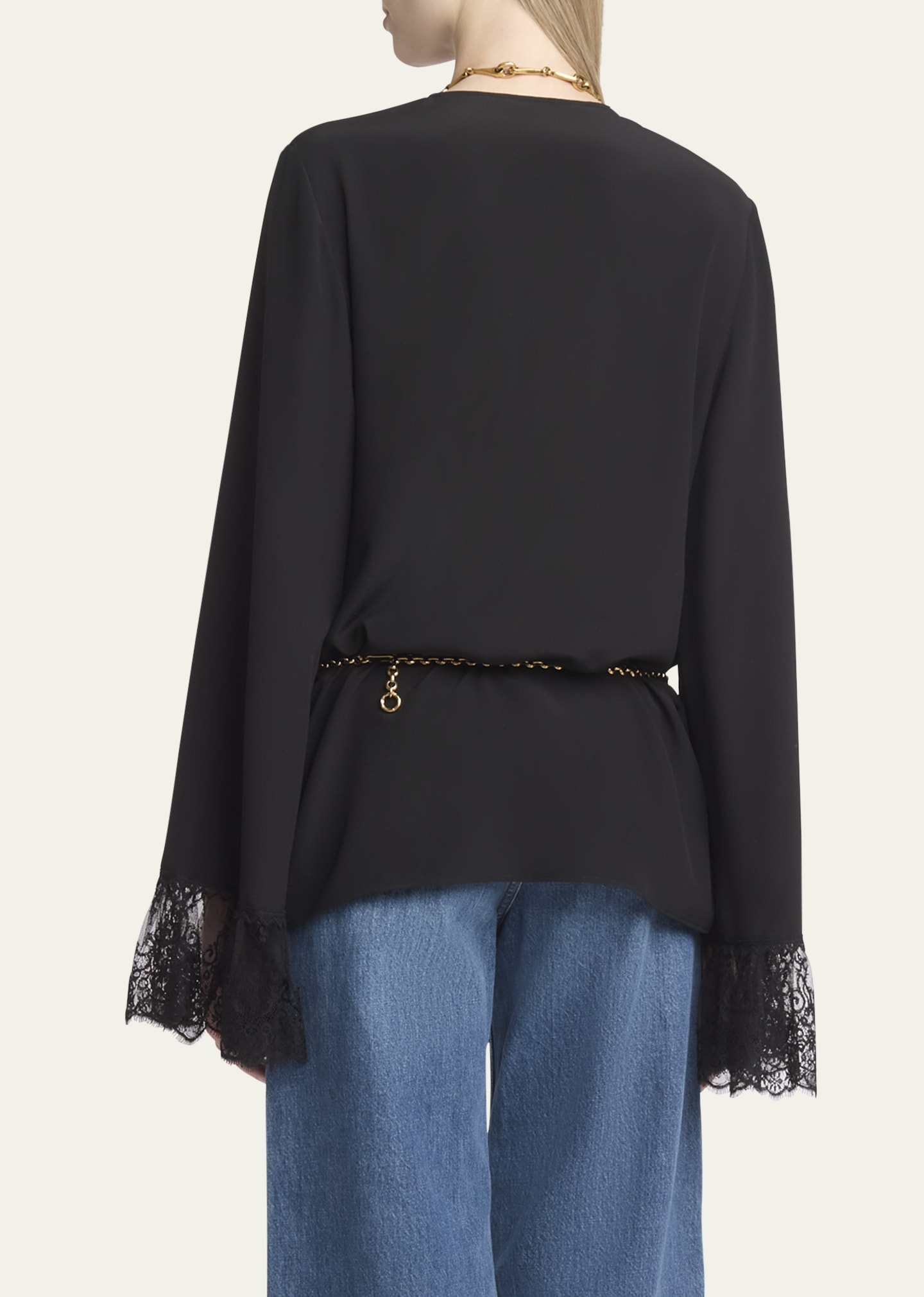 Button Down Crepe De Chine Top with Lace Sleeves - 3