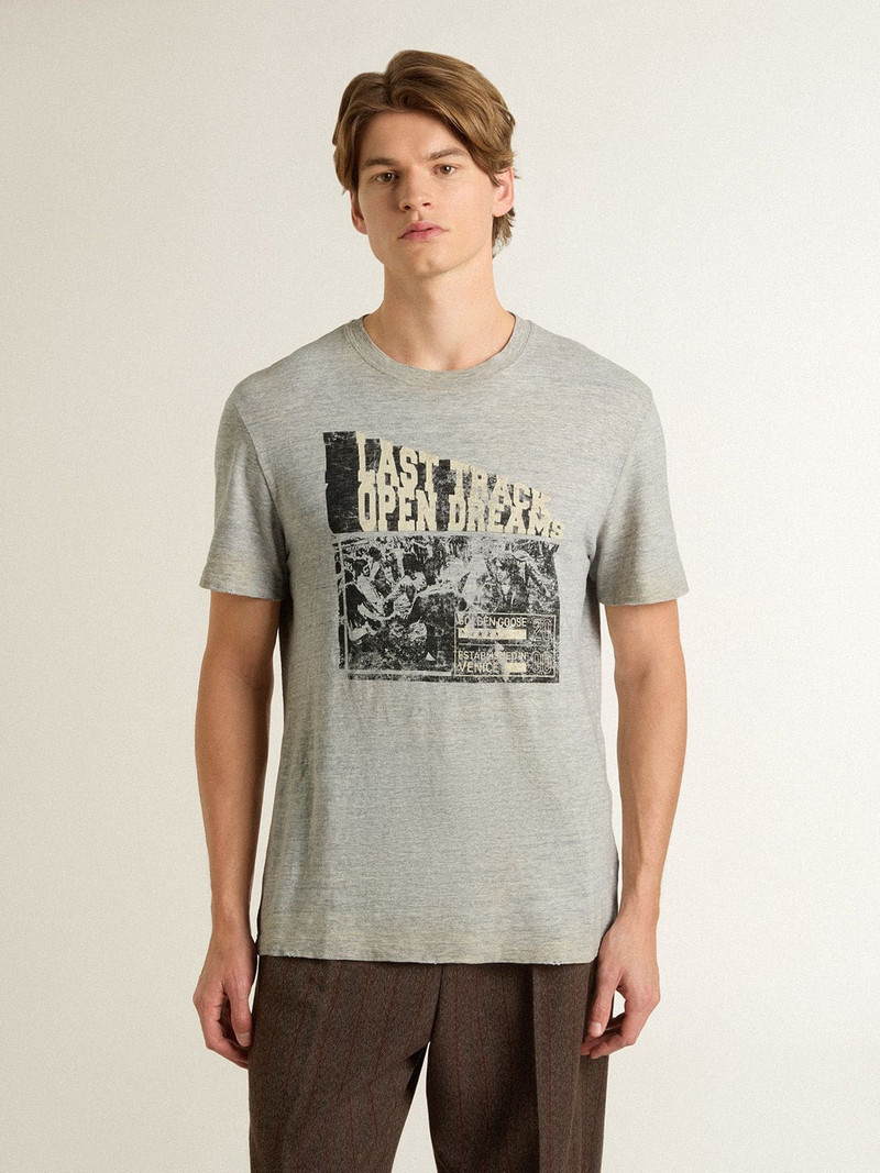 Golden Goose Men's vintage-effect gray T-shirt with print on the front outlook