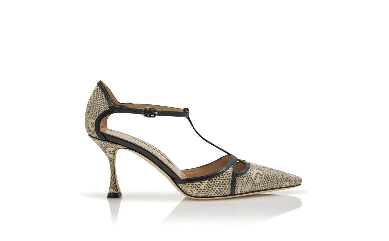 Lizard Print Calf Leather T-Bar Pumps - 1