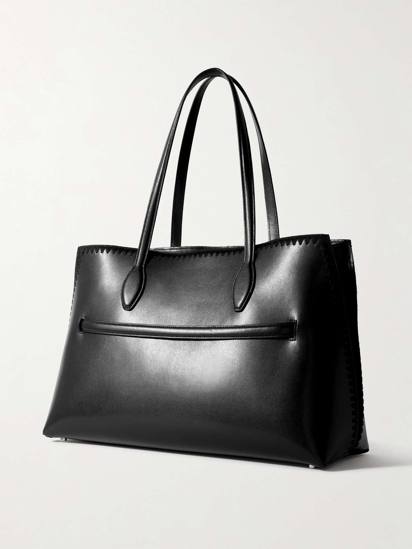 Belted whipstitched leather tote Black - 3