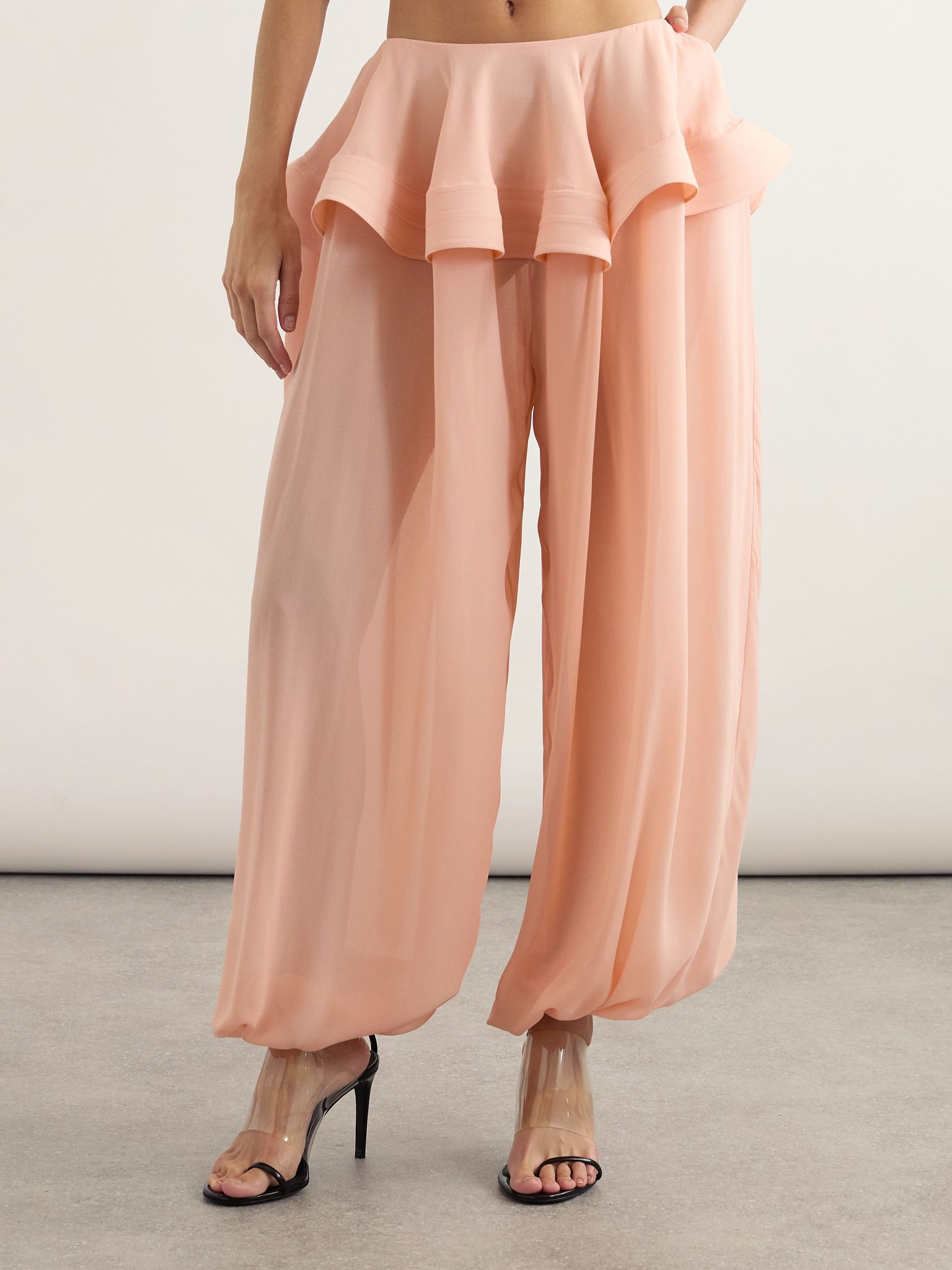 Pleated georgette peplum tapered pants Peach - 3