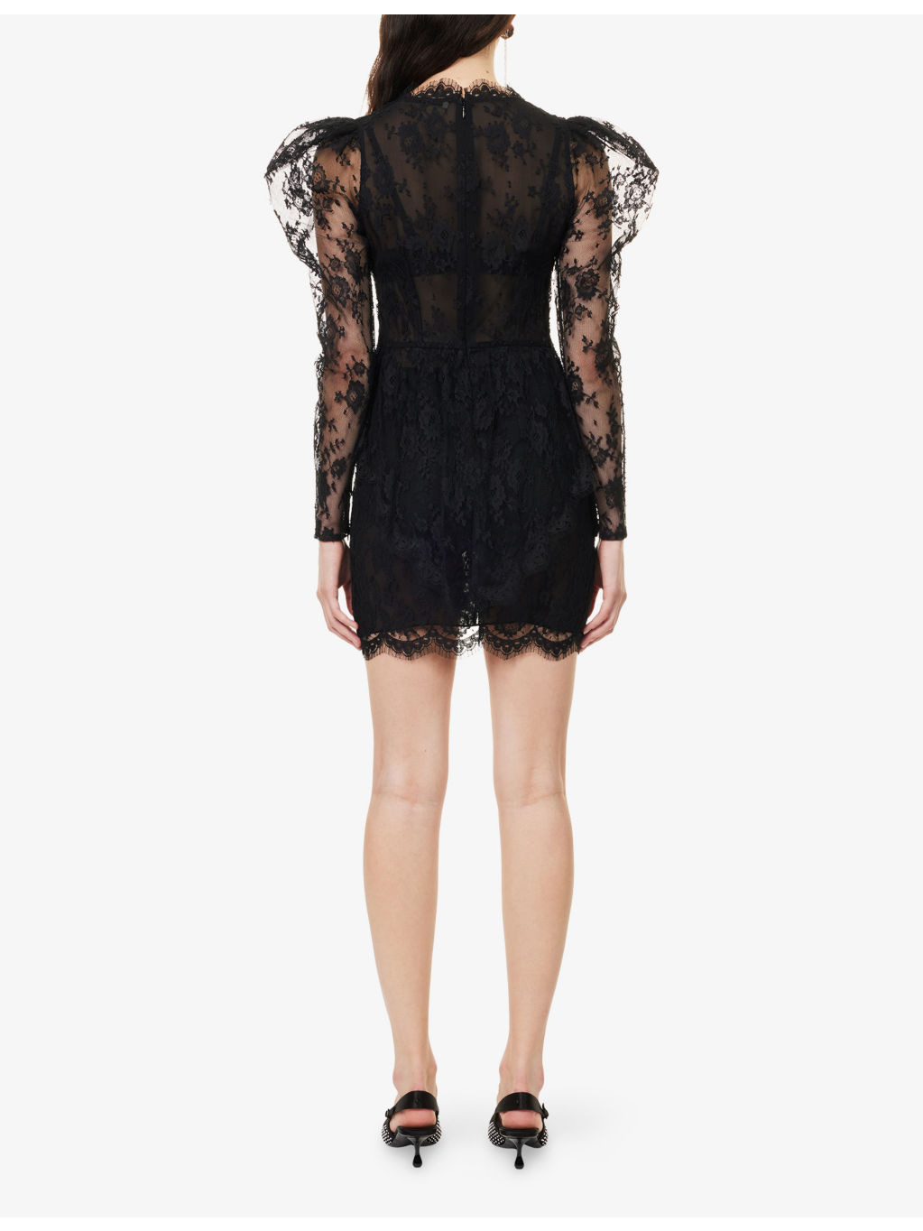 V-Neck Puffed-Shoulders Lace Mini Dress - 4