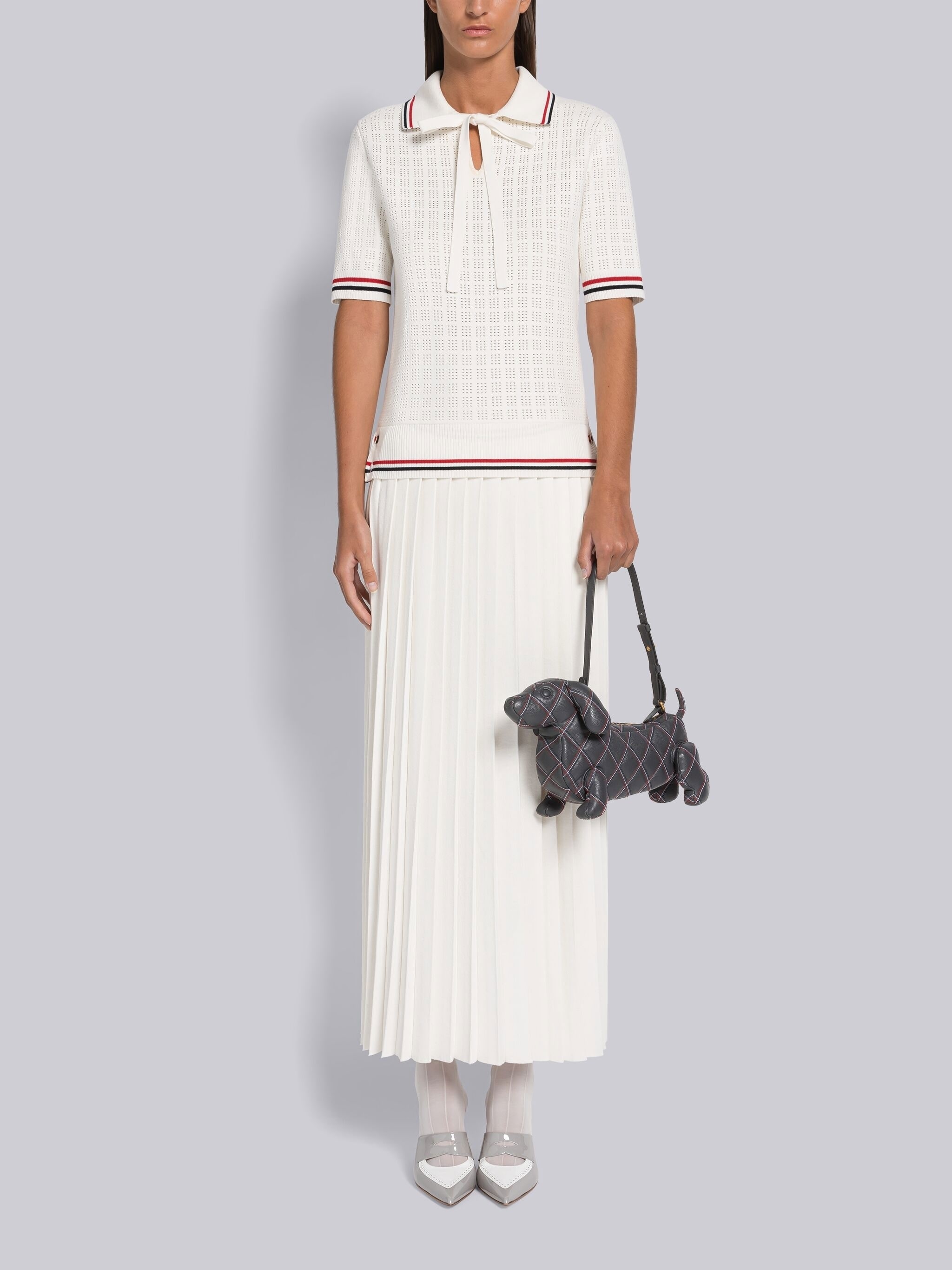 Grid Stitch Pointelle Stripe Keyhole Polo - 4