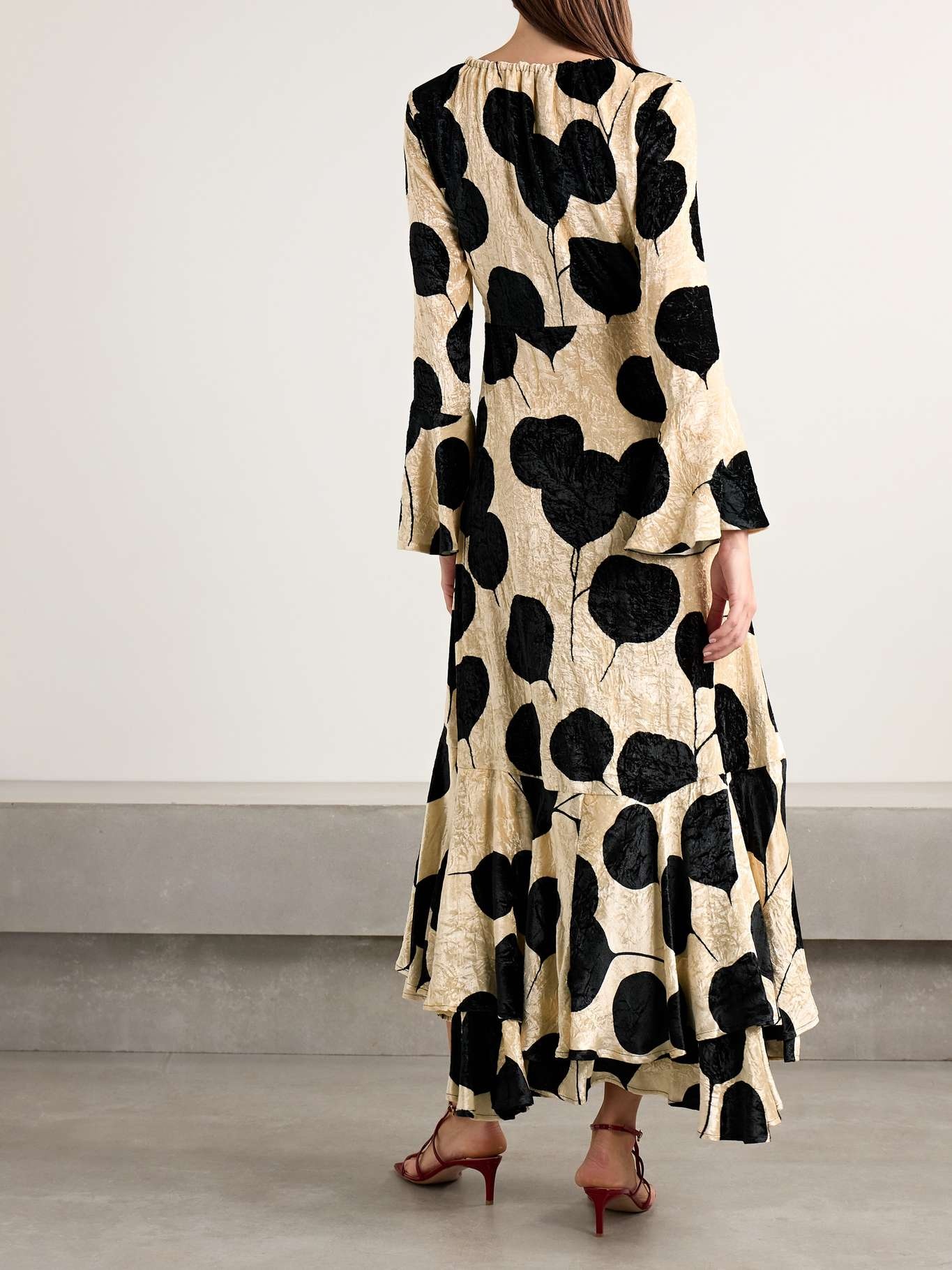 Cocteau lace-up printed crushed-velvet maxi dress Cream - 3