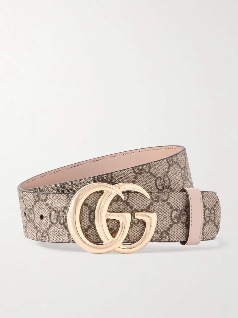 Printed coated-canvas and leather belt Beige - 1