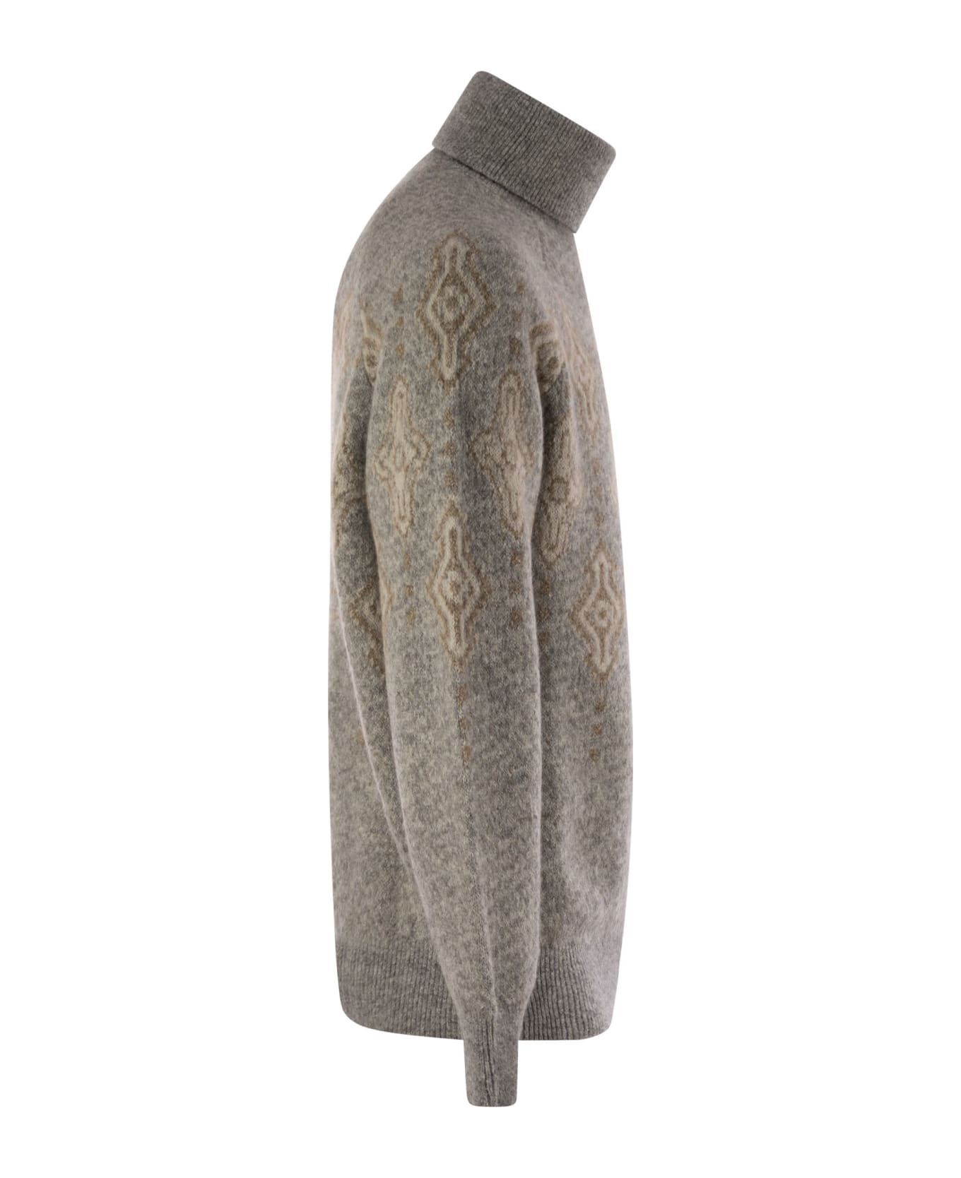 Geometric Jacquard Turtleneck Sweater In Alpaca, Cotton And Wool - 3