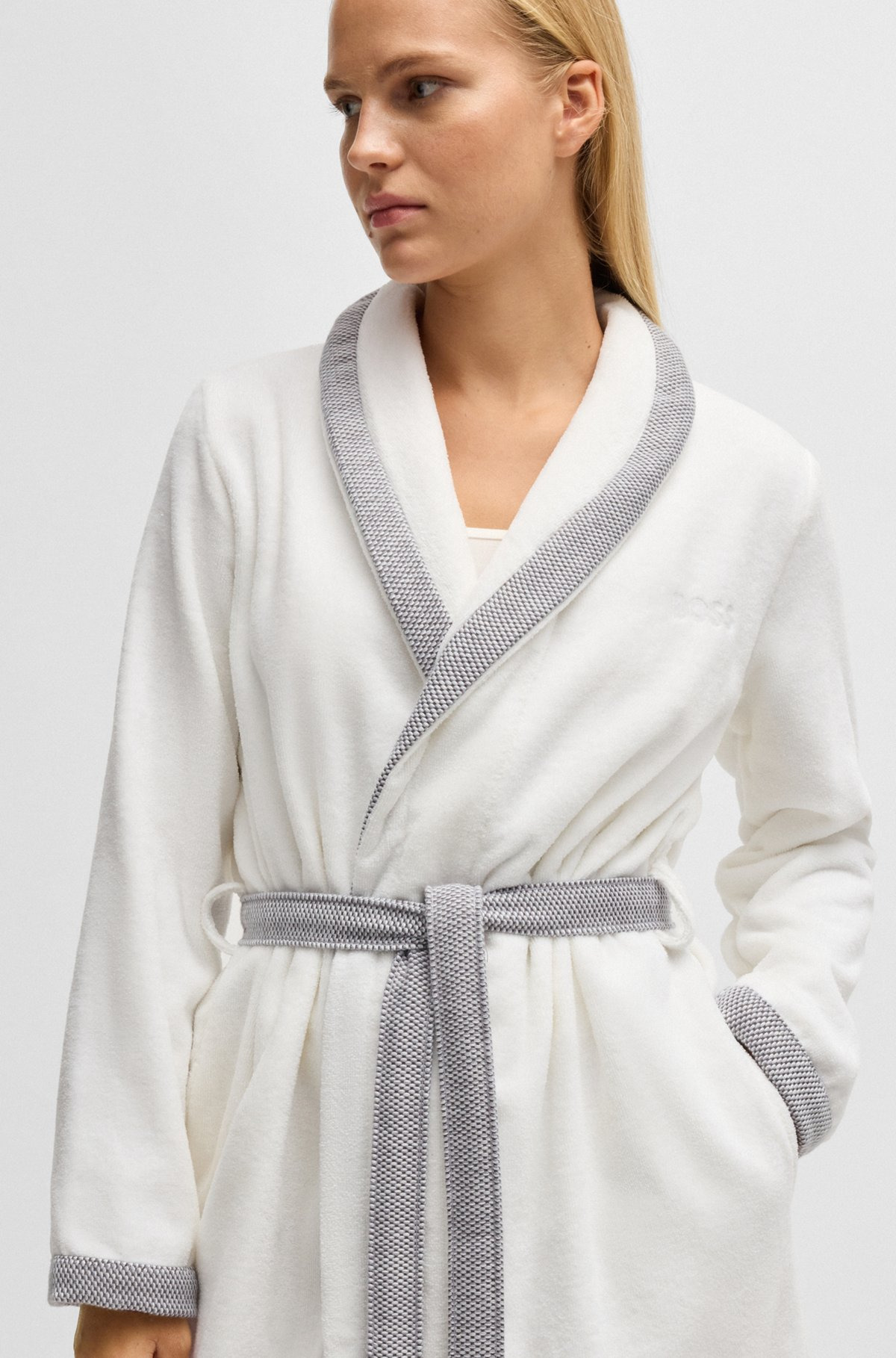 WHITE COTTON-VELVET DRESSING GOWN WITH EMBROIDERED LOGO - 6