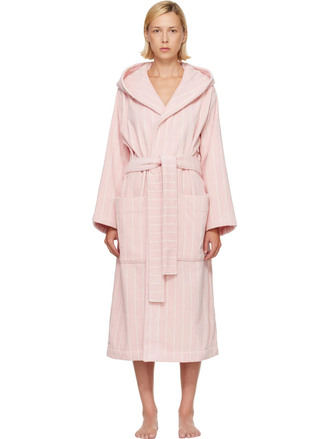Pink & White Terry Hooded Bathrobe - 1