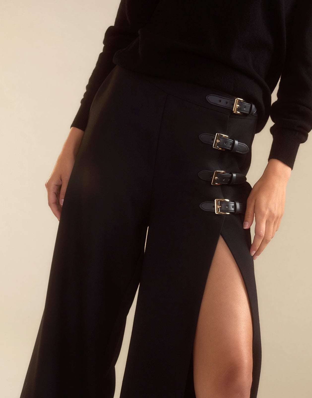 Buckle Strap Open-Leg Pants - 7