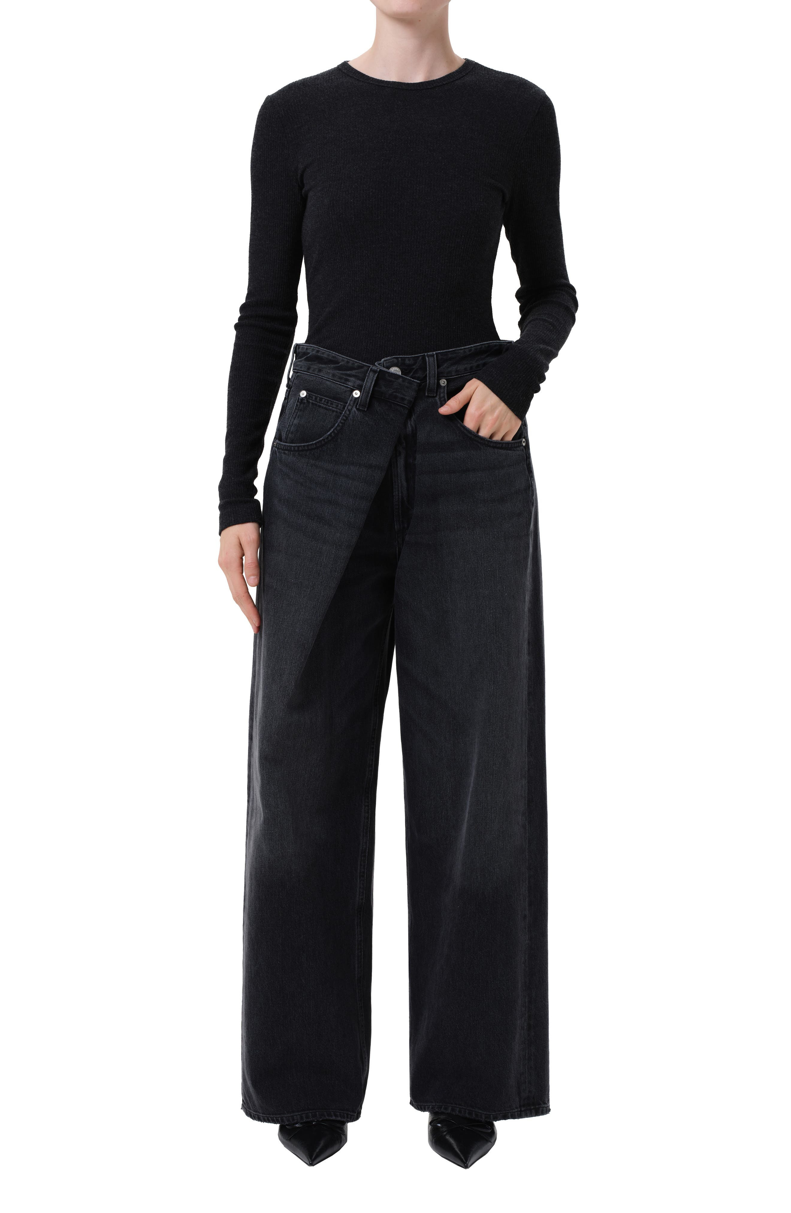 AGOLDE Vana Fold Waistband Wide Leg Jeans in Arcane Dark Black at Nordstrom - 5